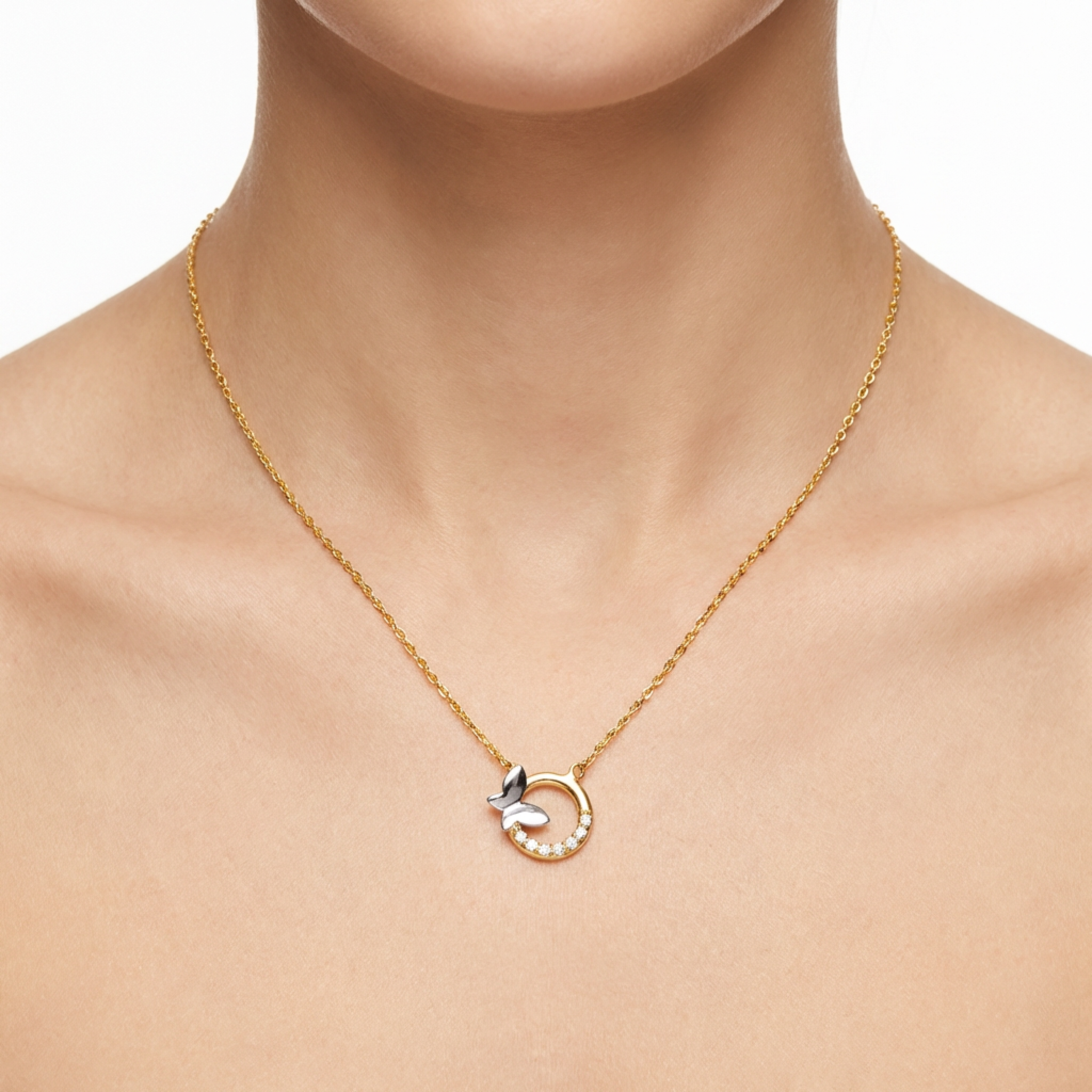 dainty gold necklace with butterfly and circle pendant 9mm