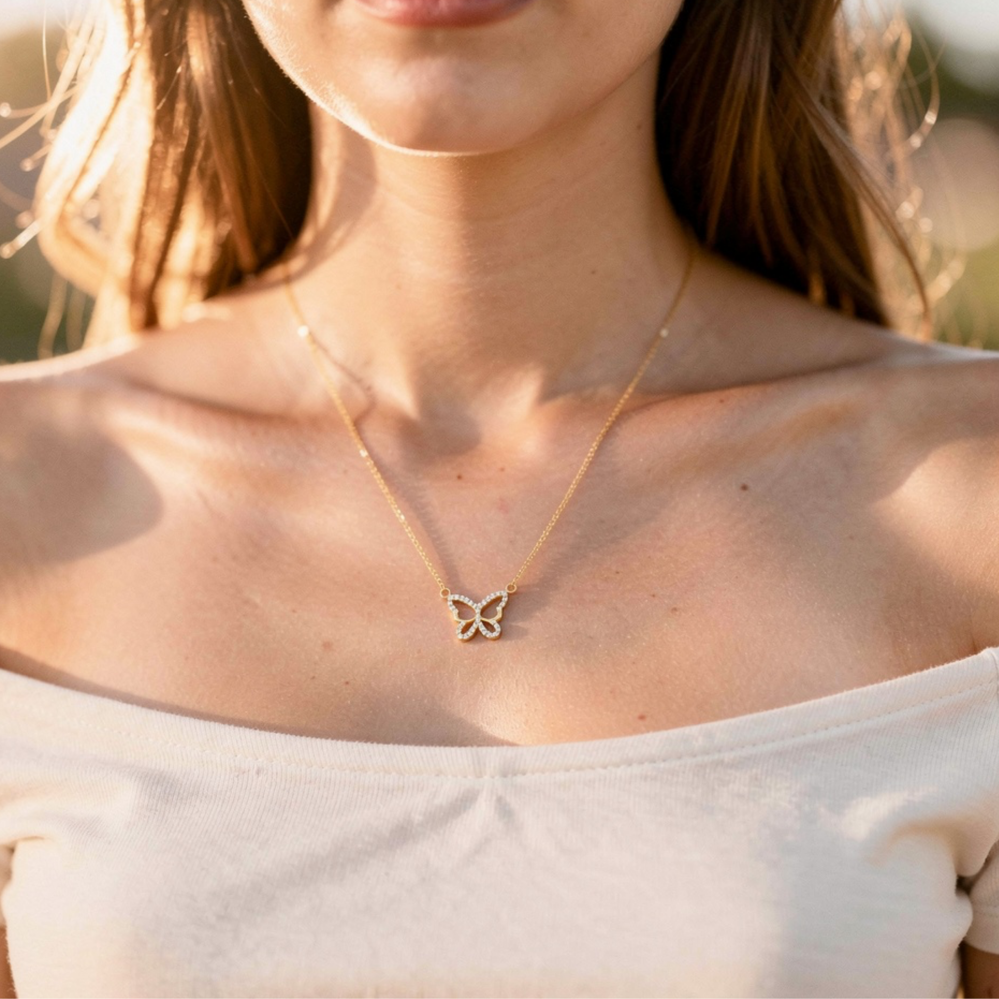 dainty butterfly pendant necklace with sparkling stones