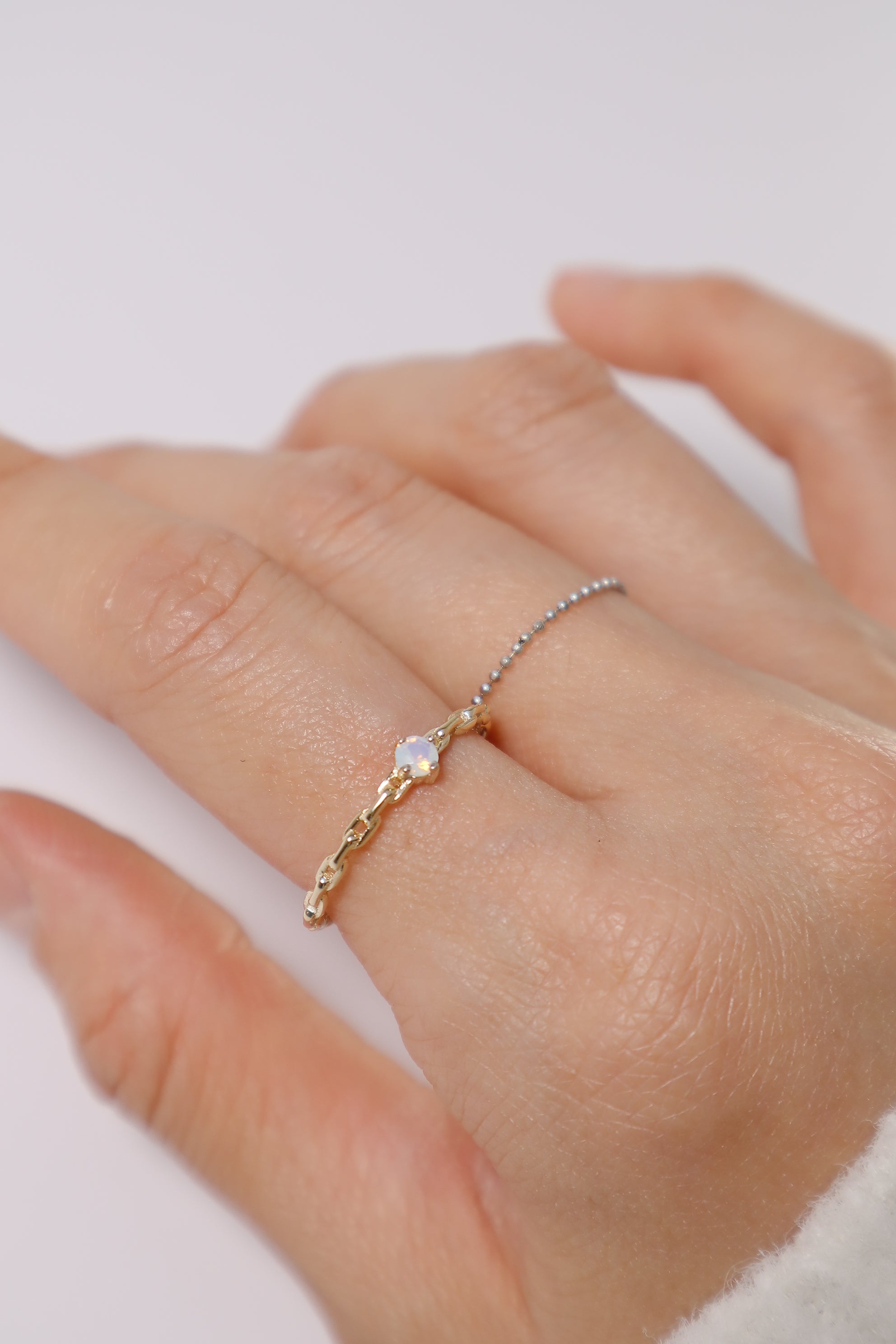 14K Solid Gold Opal Stone Linked Chain Ring - Pretty At Sam