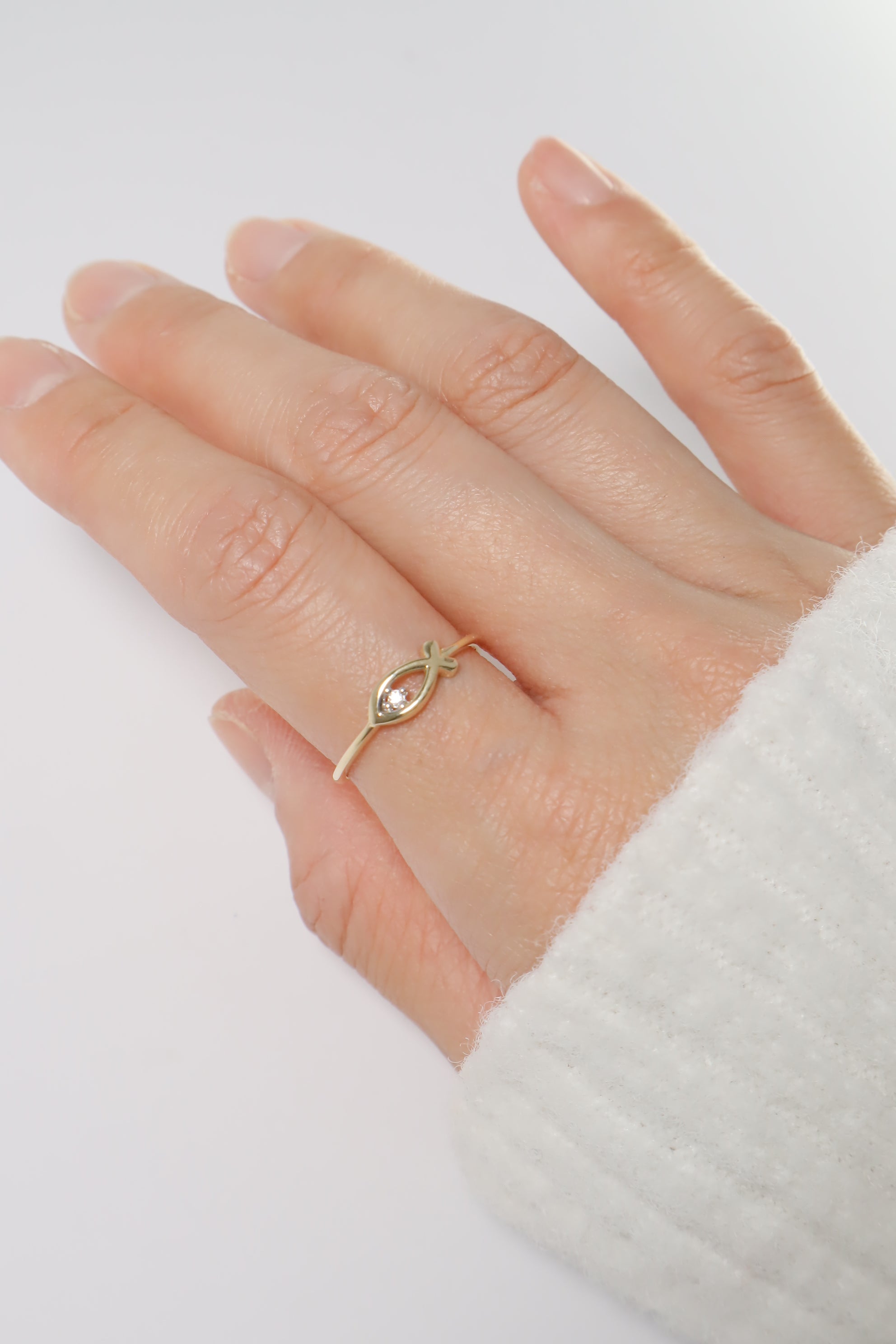 14K Solid Gold Ichthys symbol fish CZ Stone Ring - Pretty At Sam
