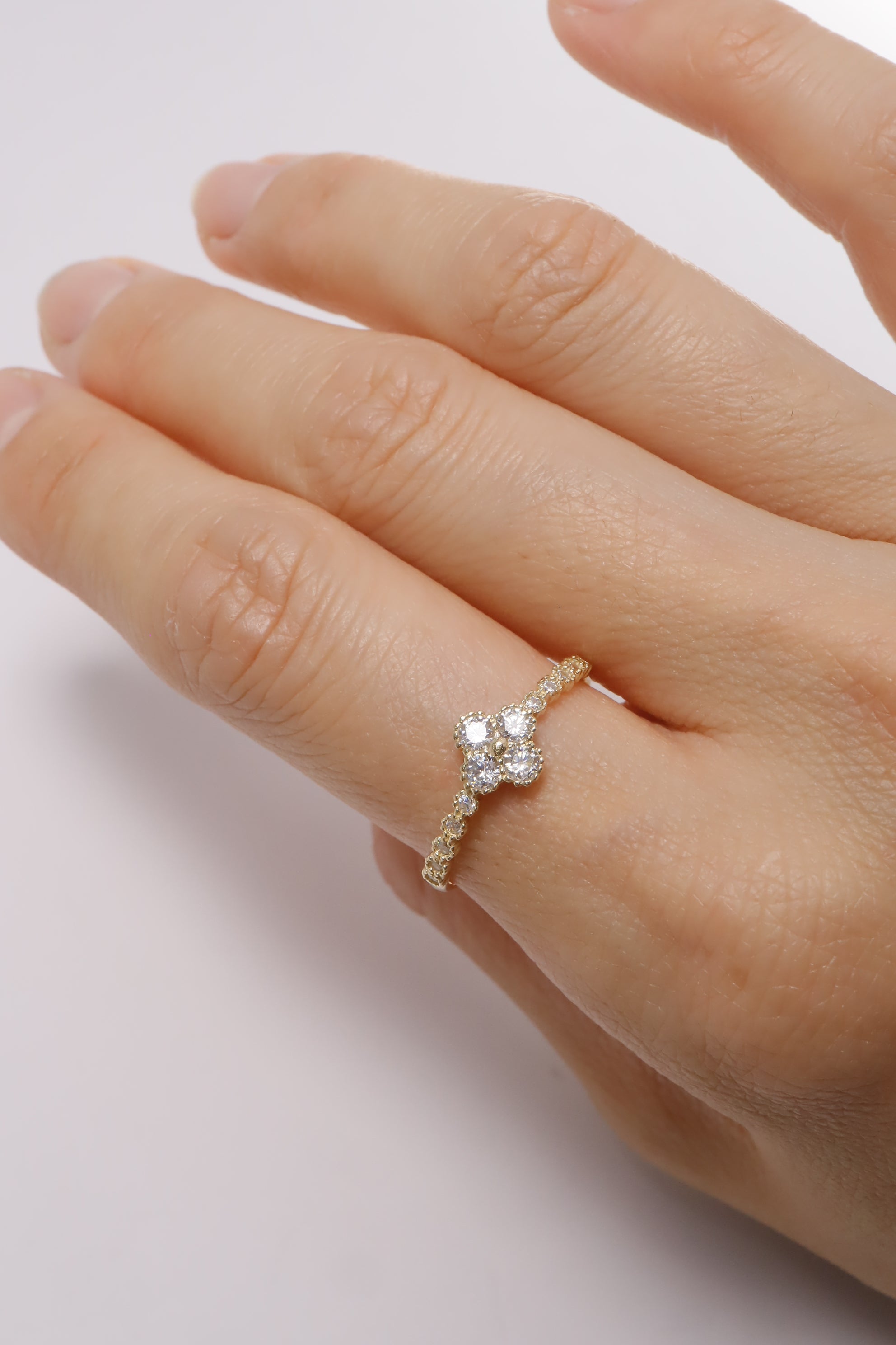 14K Solid Gold CZ Clover Bezel Setting Ring - Pretty At Sam