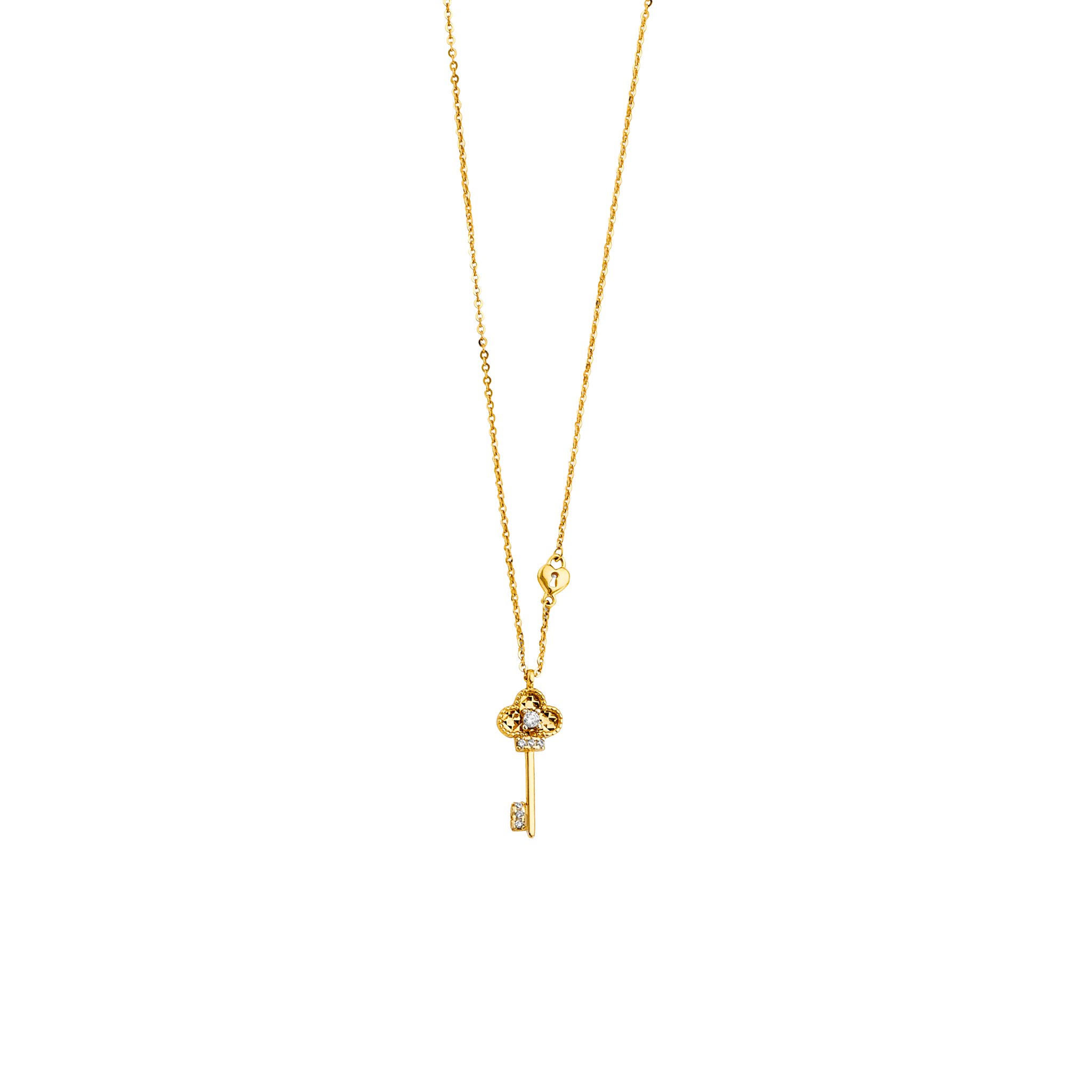 fine 14k gold key charm necklace on white background product shot