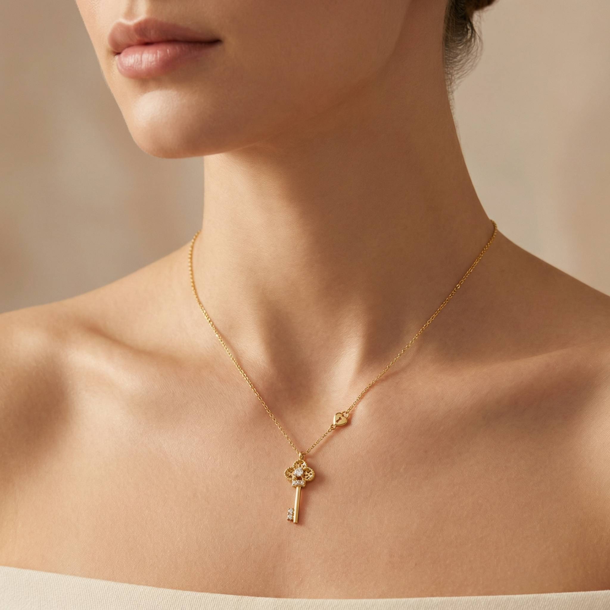 dainty gold key necklace with small diamond accents minimal jewelry