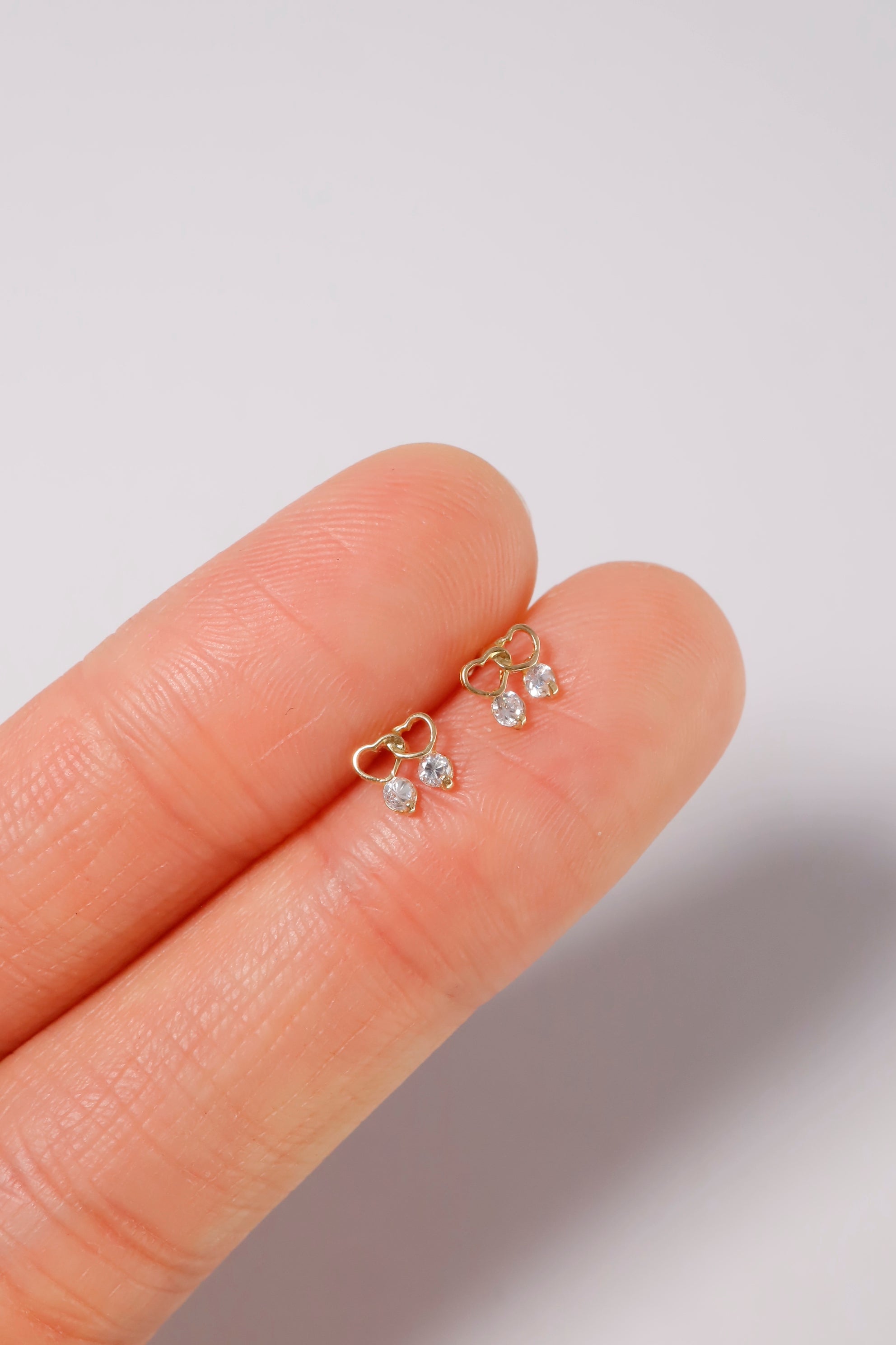 14K Solid Gold XXS Double Heart CZ Screw Back Earring - Pretty At Sam