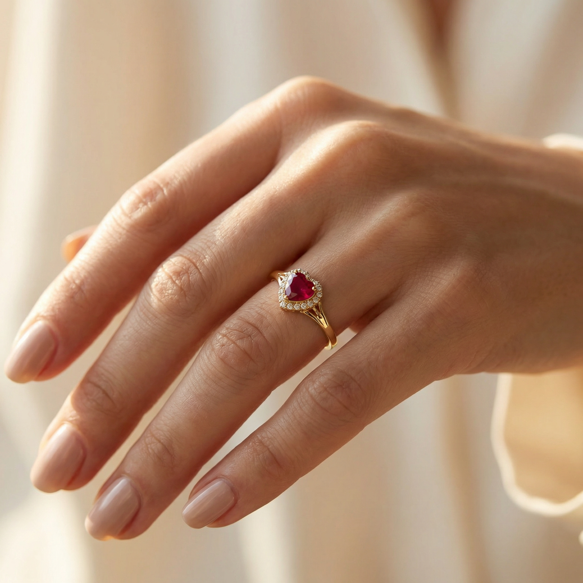 gold ring with red heart shaped gemstone and diamond halo detail