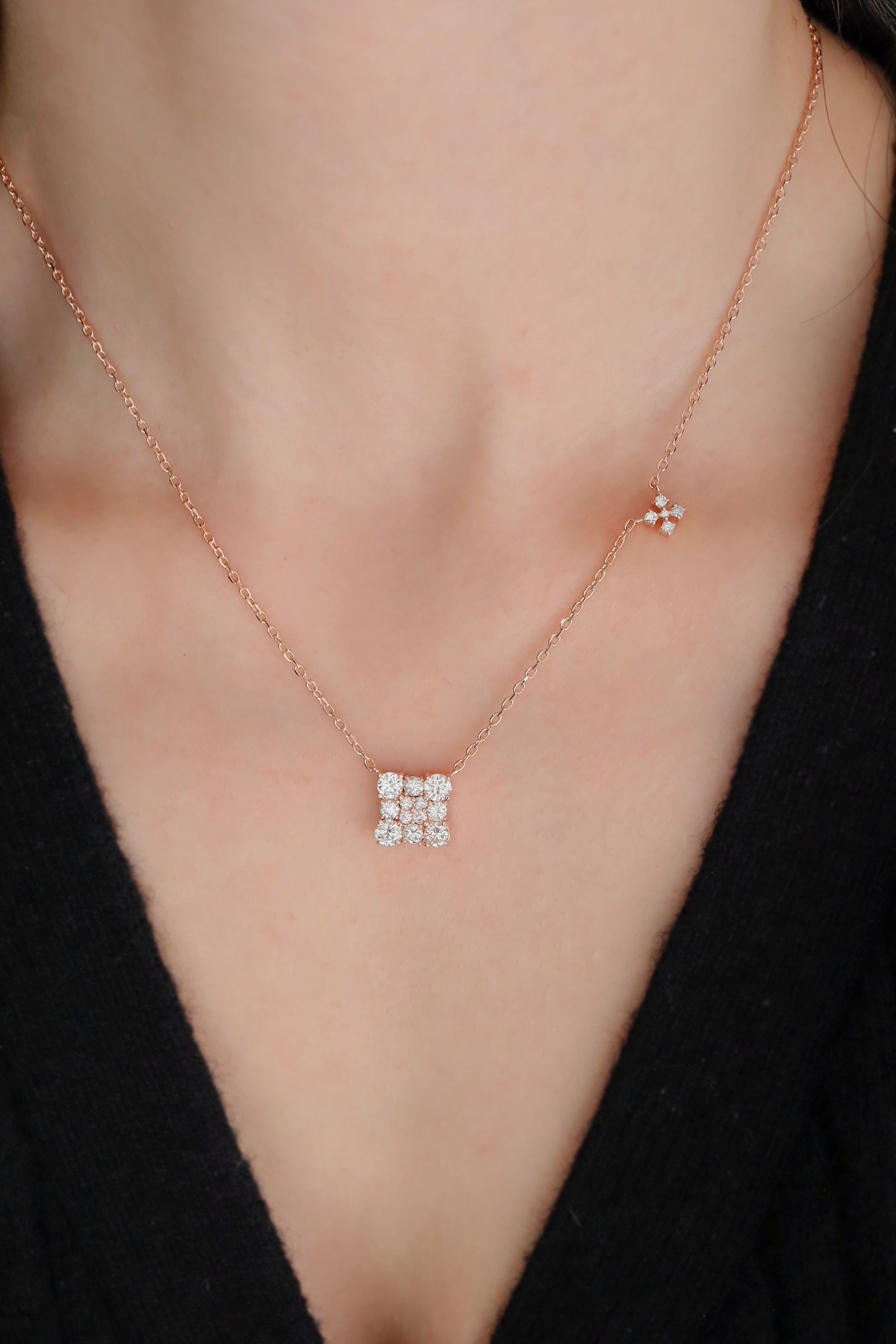 14K Rose Gold Natural Diamond Two Square Charms Chain Linked Necklace - Pretty At Sam