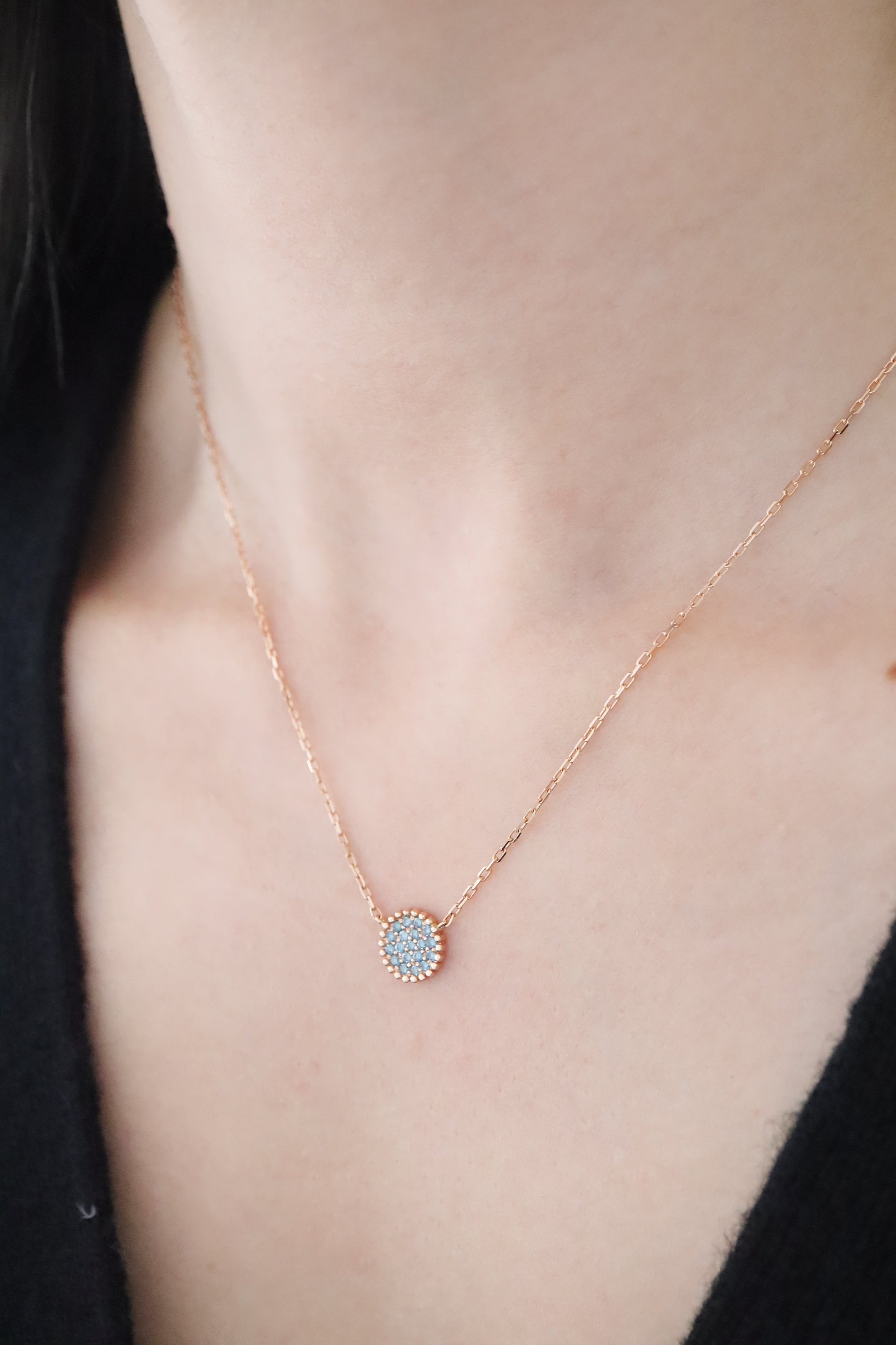 14K Rose Gold Natural Sapphire Stone Disk Charm Necklace - Pretty At Sam