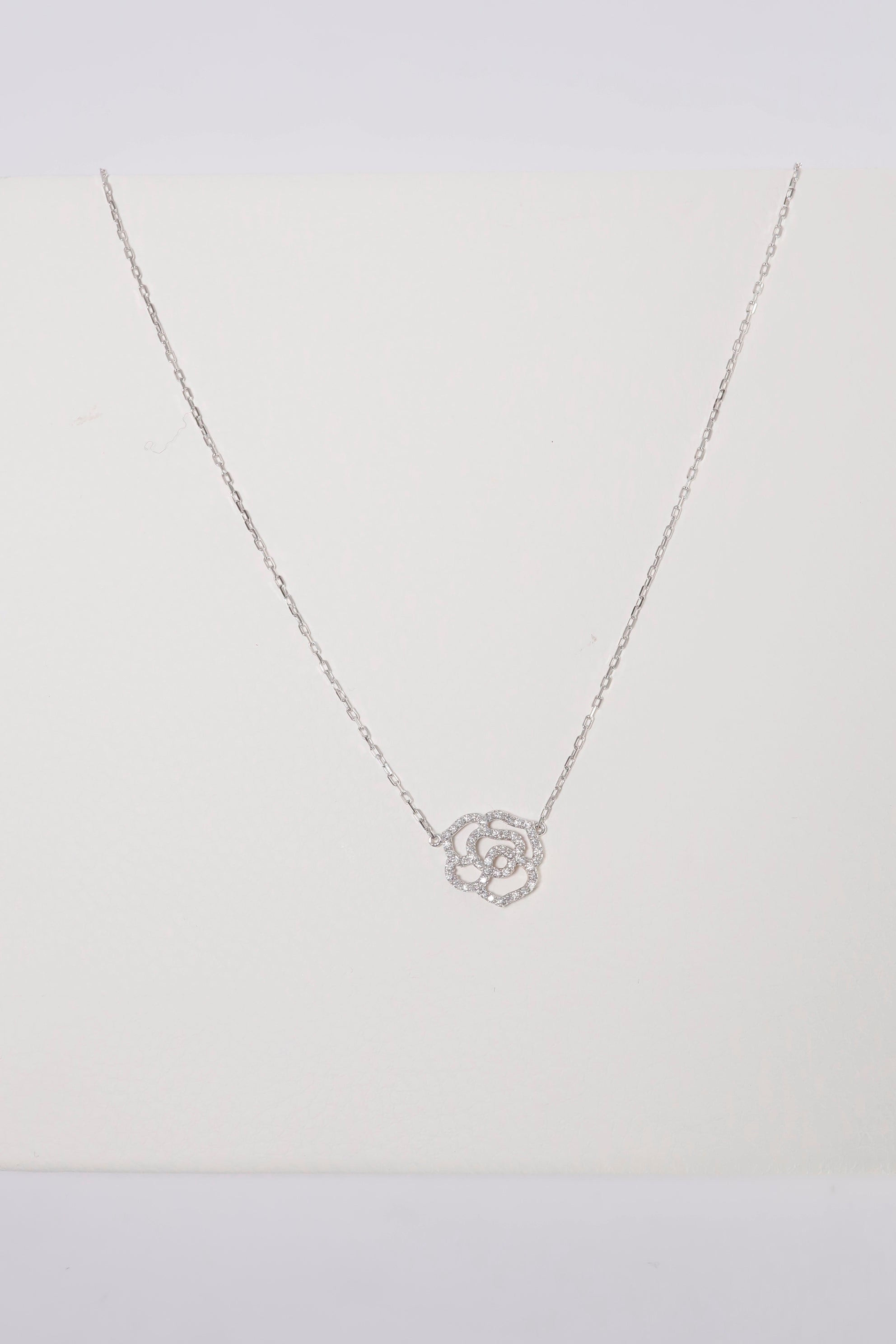 14K Solid White Gold Natural Diamond 18" Rose Charm Necklace - Pretty At Sam