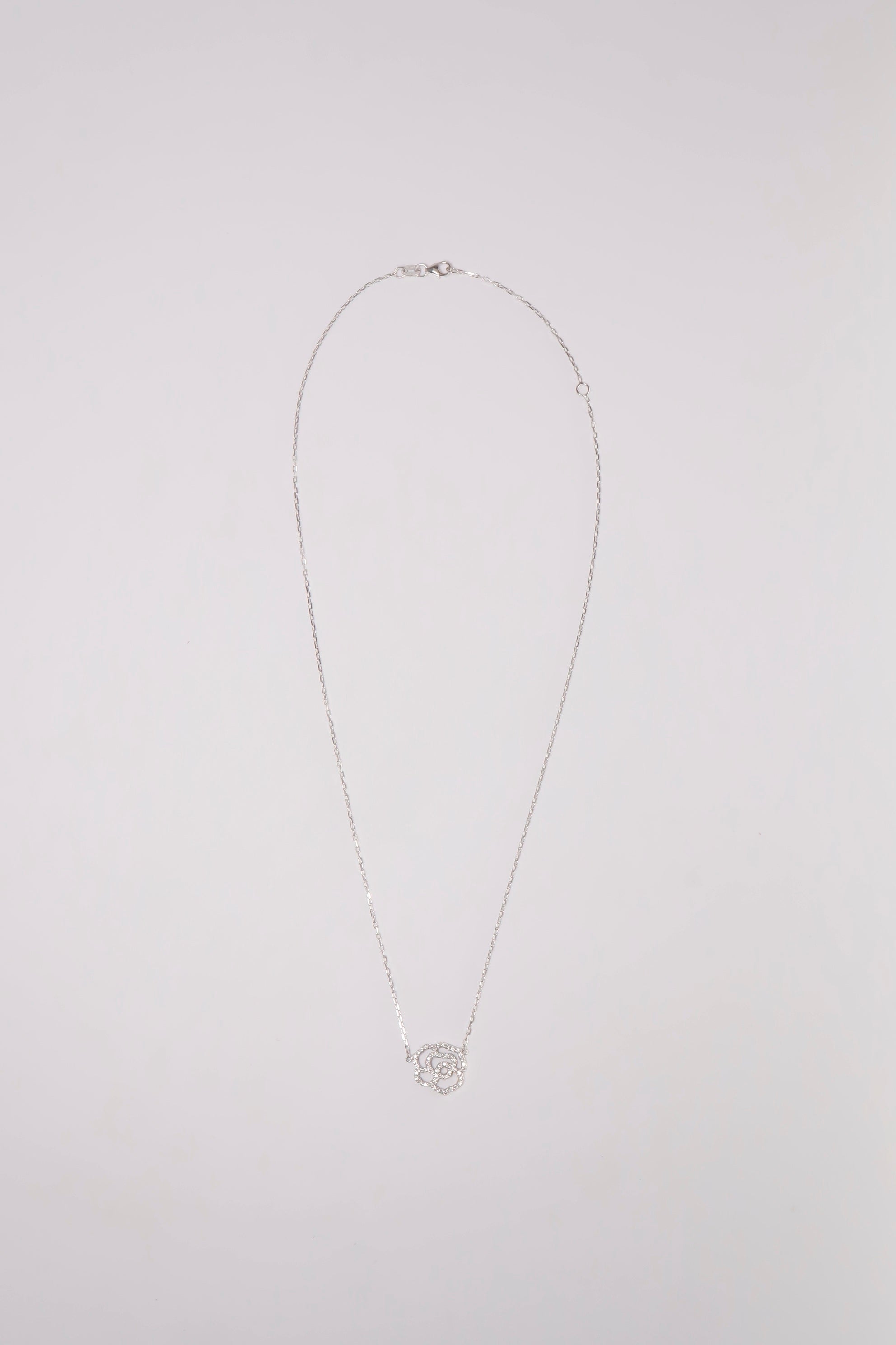 14K Solid White Gold Natural Diamond 18" Rose Charm Necklace - Pretty At Sam