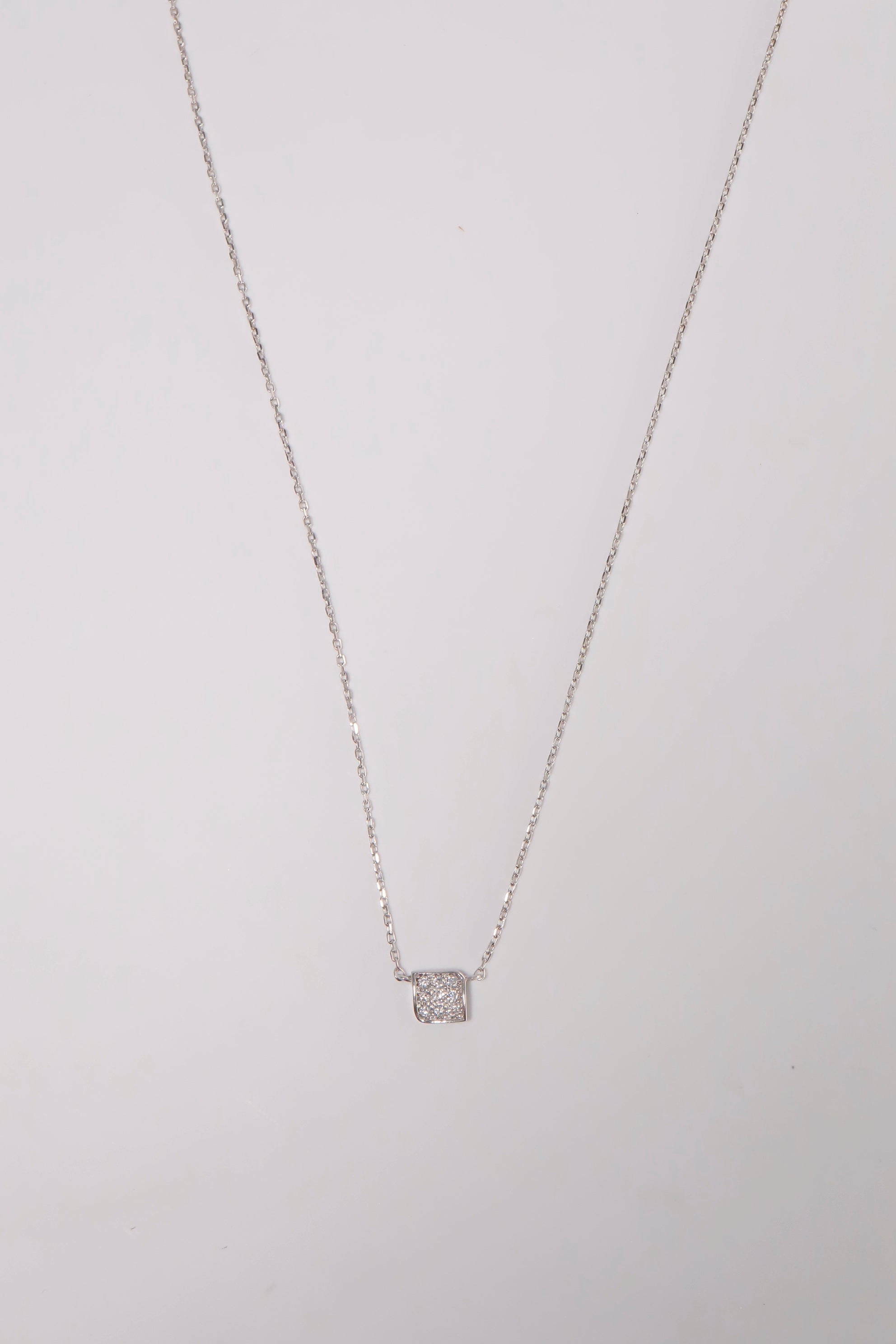 14K Solid White Gold Natural Diamond 18" Square Charm Necklace - Pretty At Sam