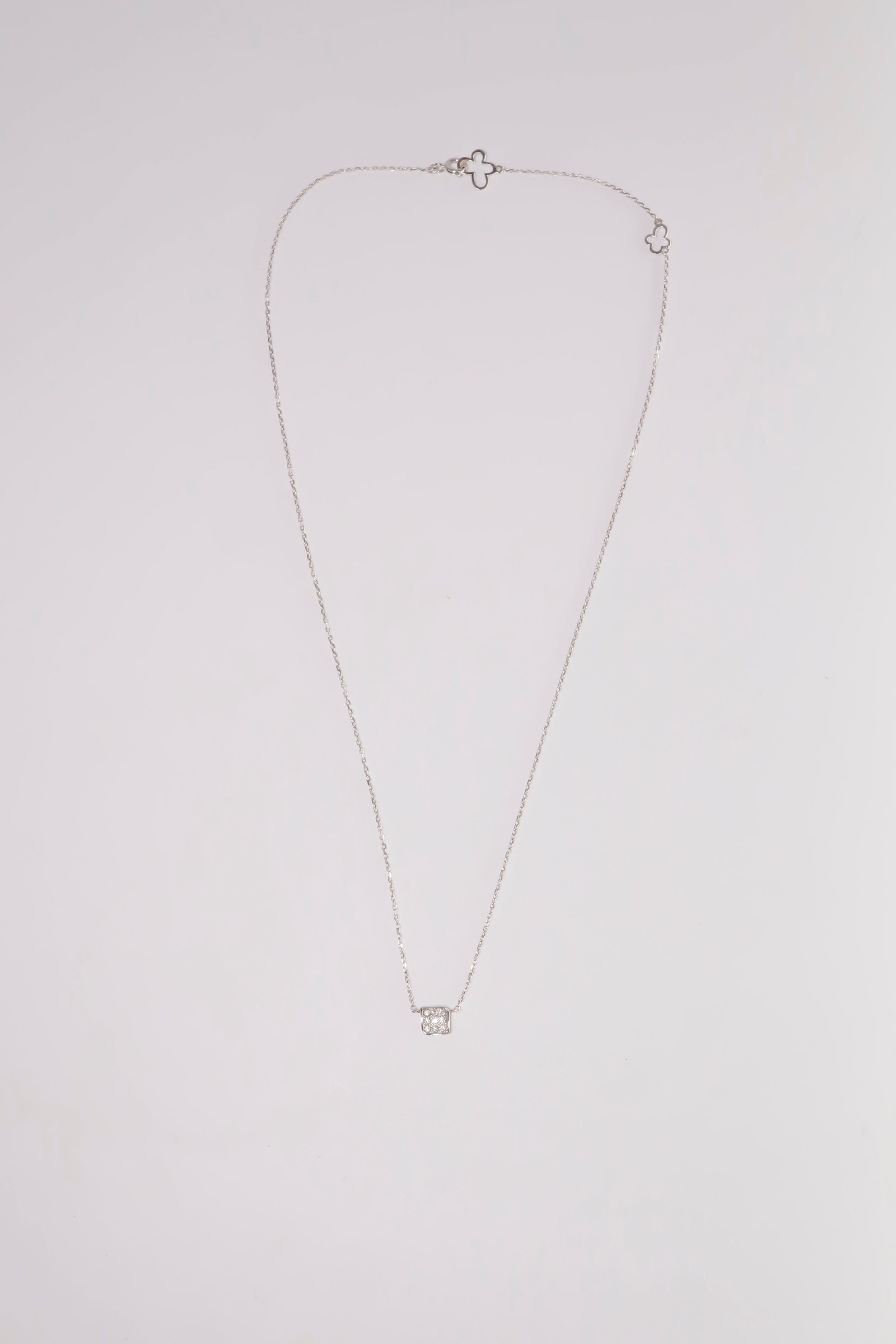 14K Solid White Gold Natural Diamond 18" Square Charm Necklace - Pretty At Sam