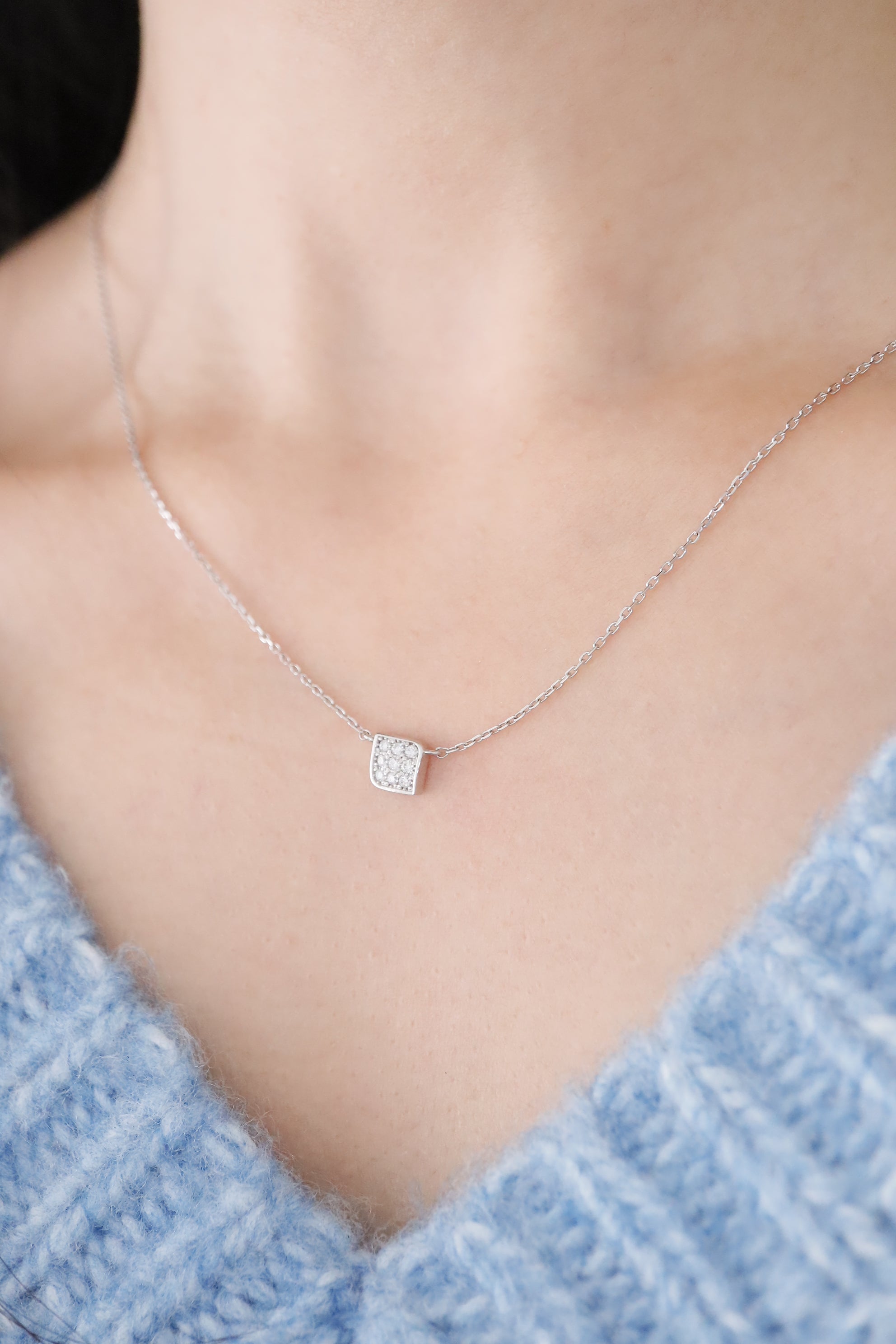 14K Solid White Gold Natural Diamond 18" Square Charm Necklace - Pretty At Sam
