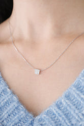14K Solid White Gold Natural Diamond 18" Square Charm Necklace - Pretty At Sam