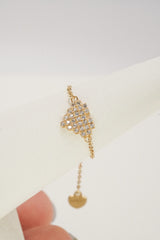 14K Solid Gold CZ Pixel Heart Adjustable Chain One Size Ring