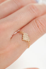 14K Solid Gold CZ Pixel Heart Adjustable Chain One Size Ring