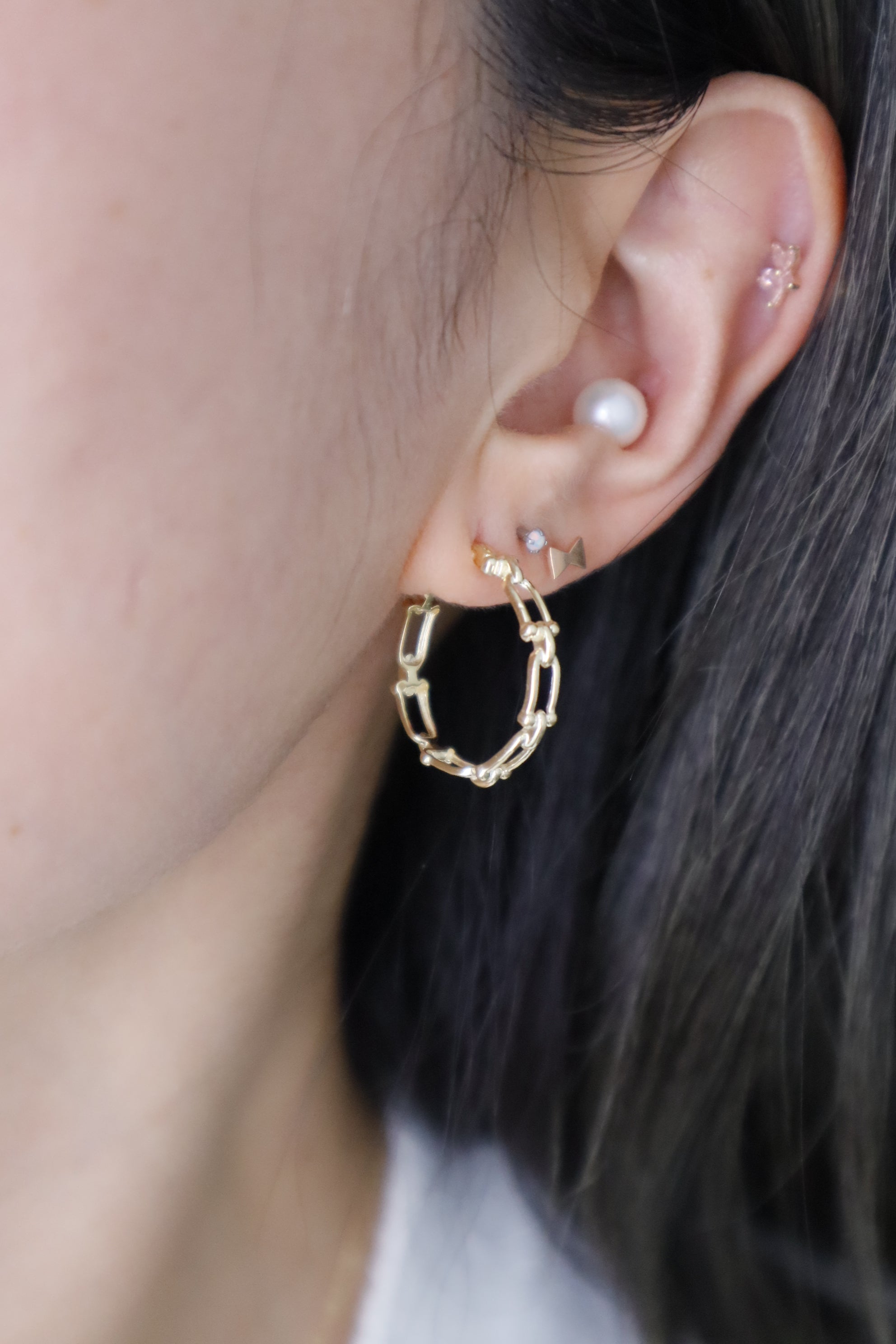 14K Solid Gold 200mm Chain Latch Back Hoop Earring - Pretty At Sam