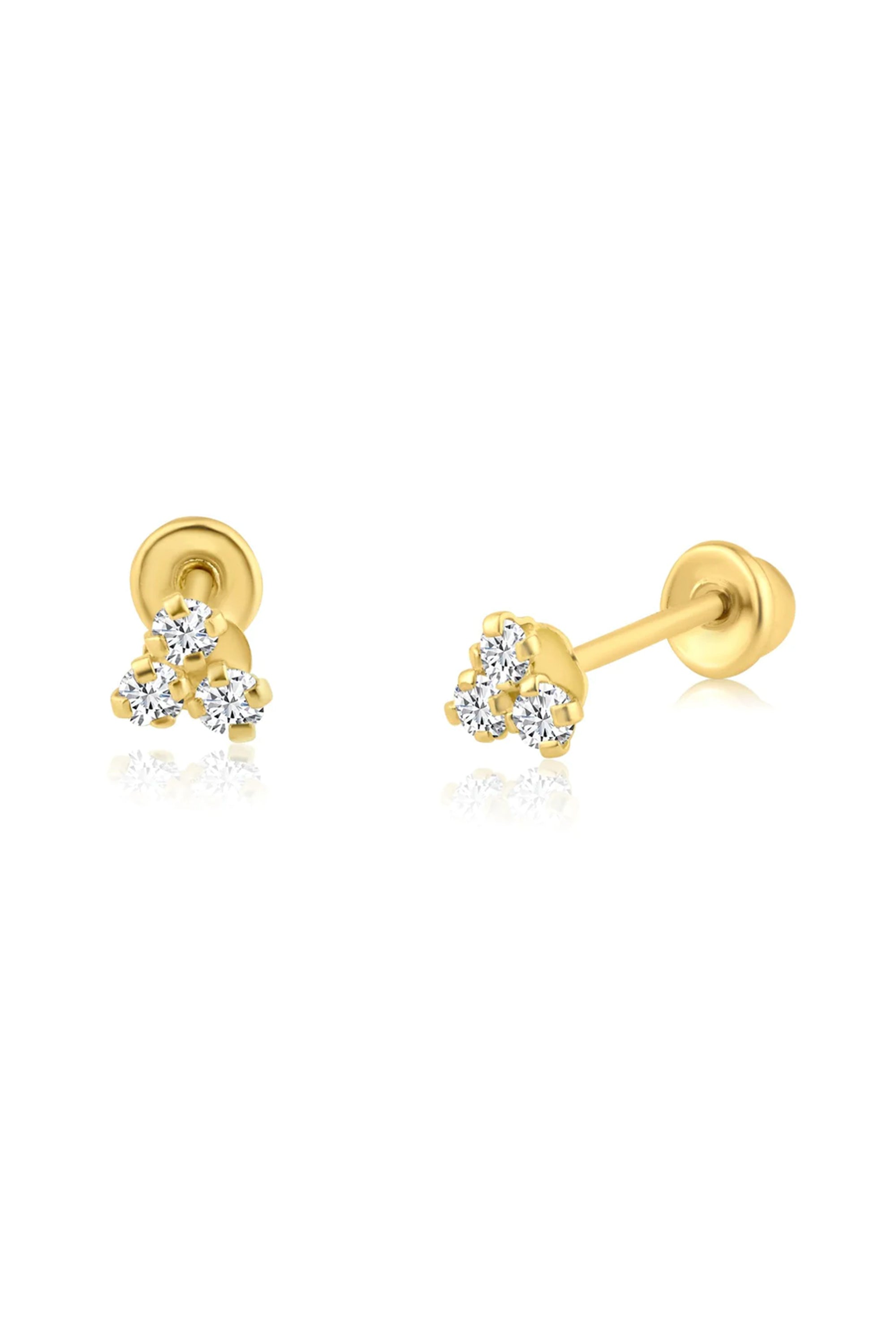 14K Solid Gold 3 CZ Stud Screw Back Stud Earring - Pretty At Sam