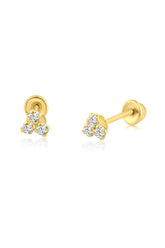 14K Solid Gold 3 CZ Stud Screw Back Stud Earring - Pretty At Sam