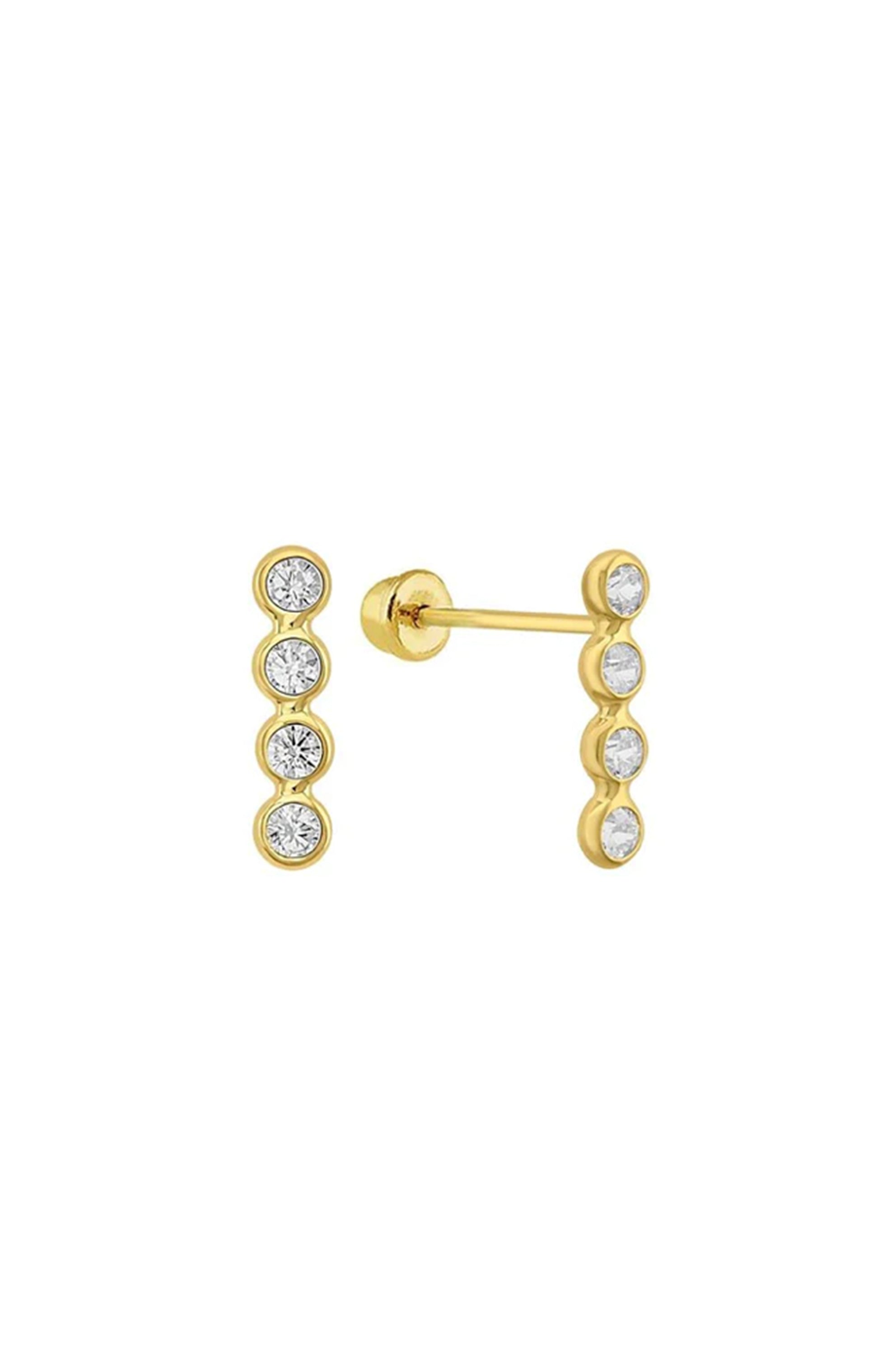 14K Solid Gold 4 CZ Bezel Drop Screw Back Stud Earring - Pretty At Sam