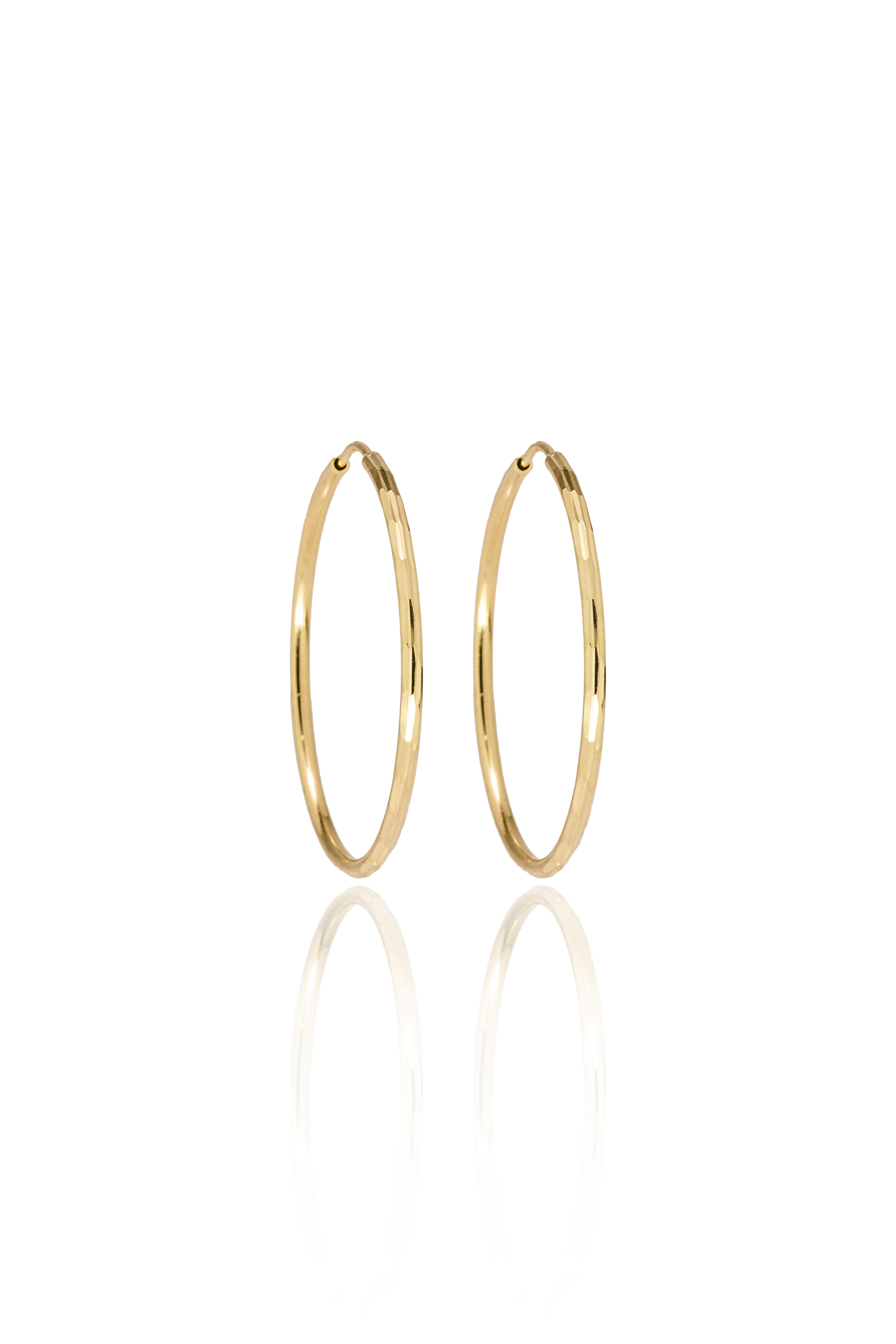 14K Solid Yellow Gold 35MM Horizontal Diamond Cut Seamless Hoop Earring