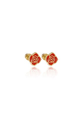 14K Solid Yellow Gold CZ Red Rose Petal Screw Back Stud Earring