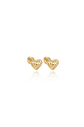 14K Solid Yellow Gold Diamond Cut Heart Screw Back Stud Earring