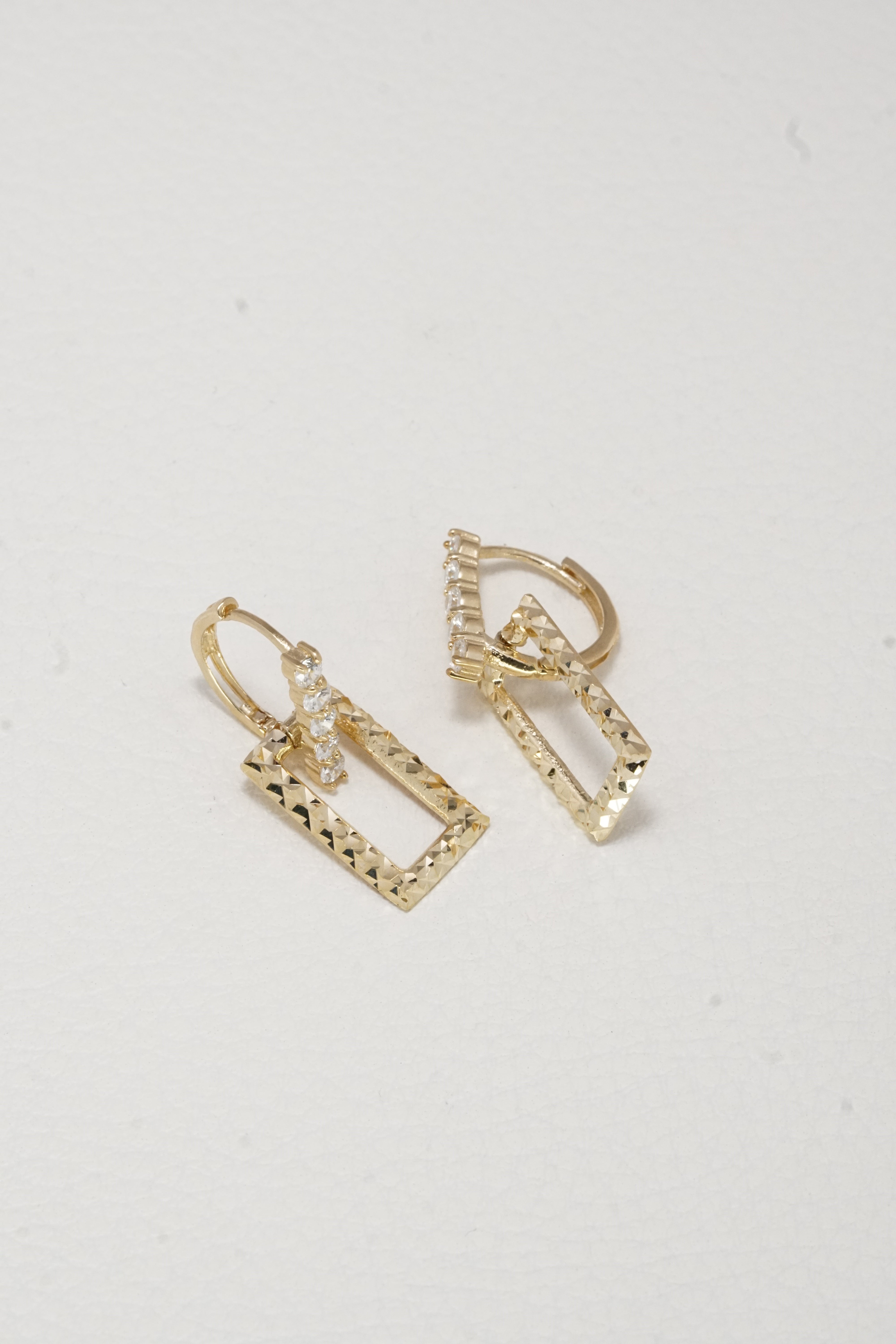 14K Solid Yellow Gold Diamond Cut Rectangle Dangle Hoop Earring