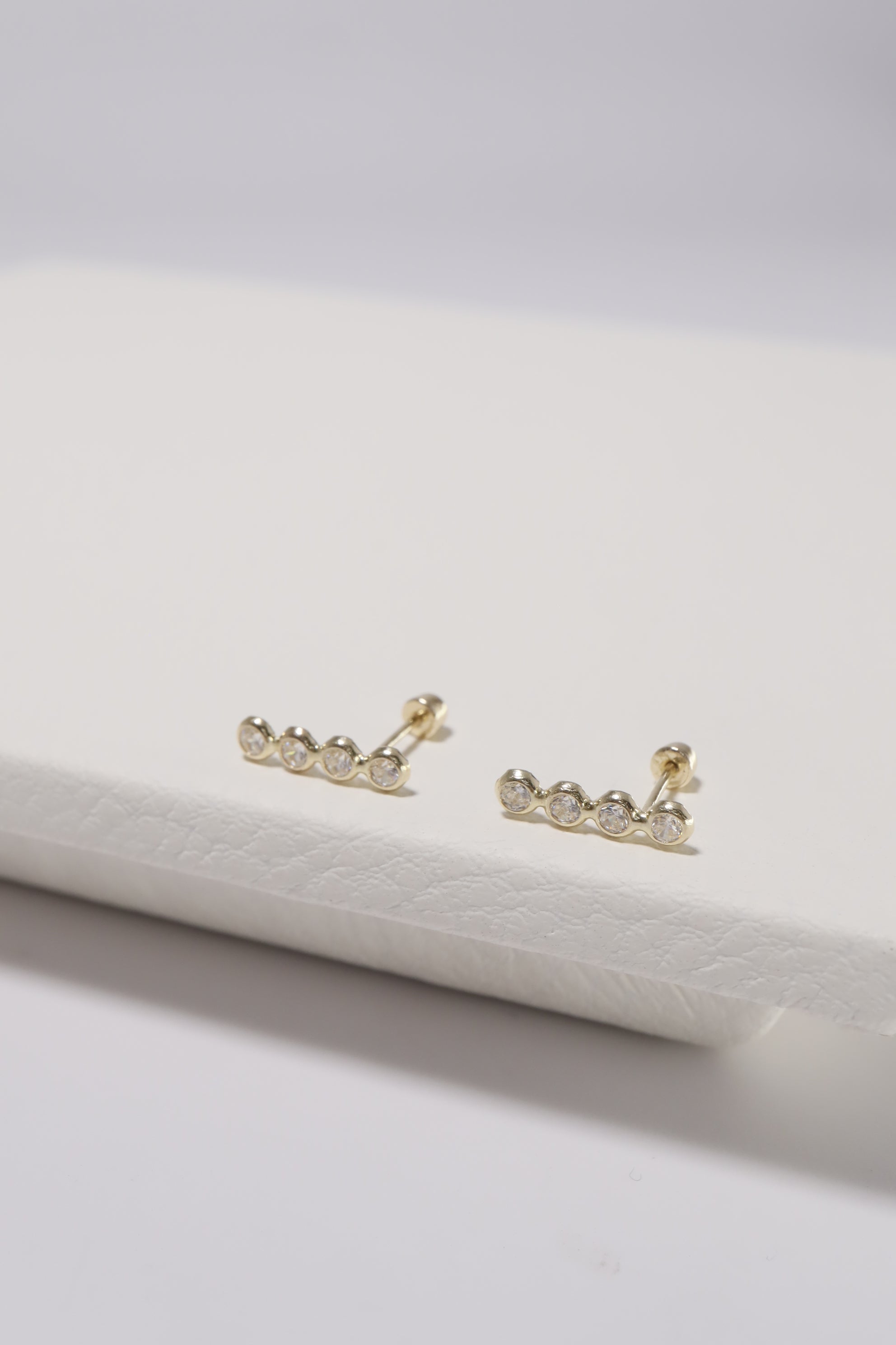 14K Solid Gold 4 CZ Bezel Drop Screw Back Stud Earring - Pretty At Sam