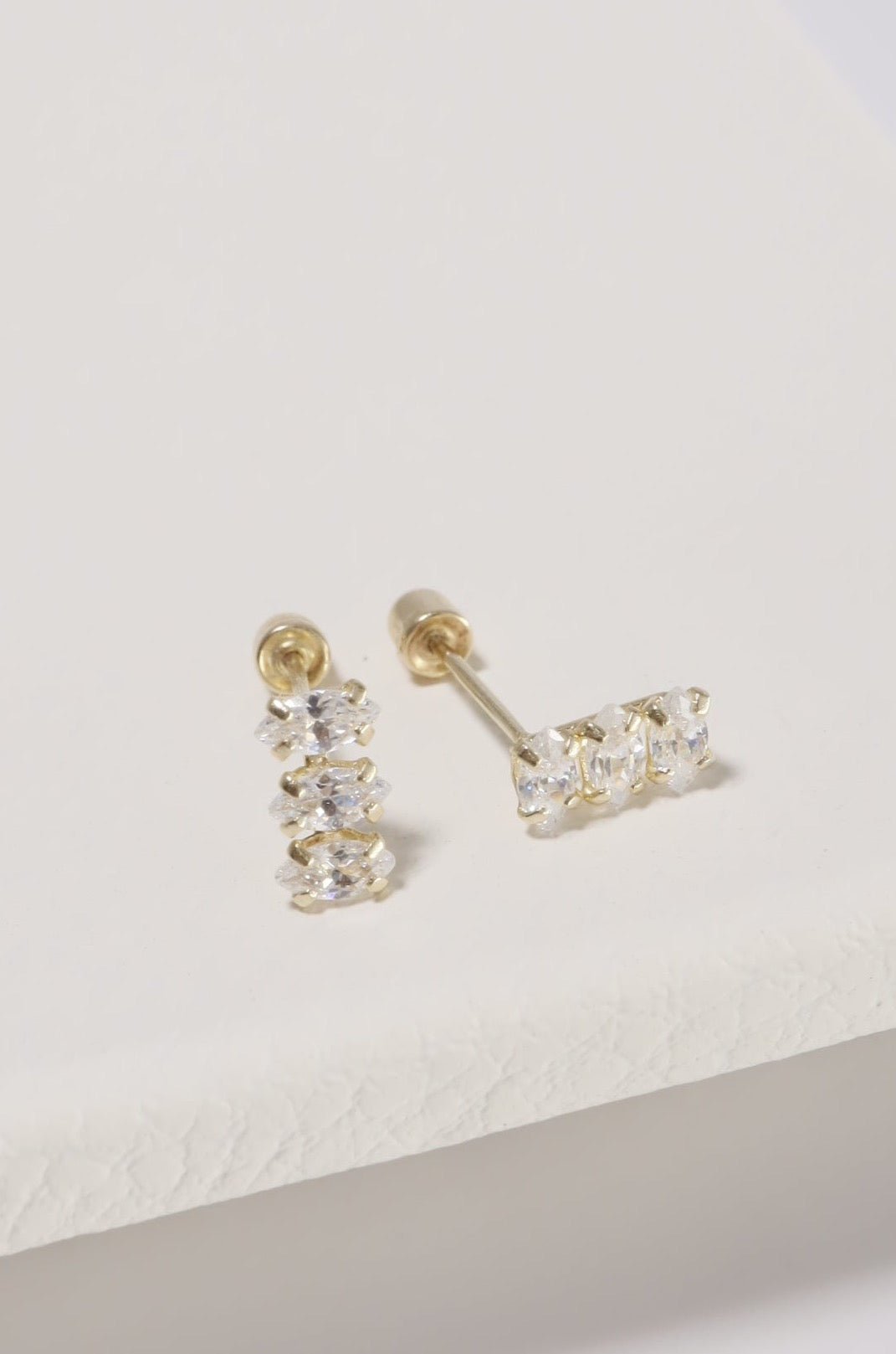 14K Solid Gold 3 CZ Stones Screw Back Stud Earring - Pretty At Sam