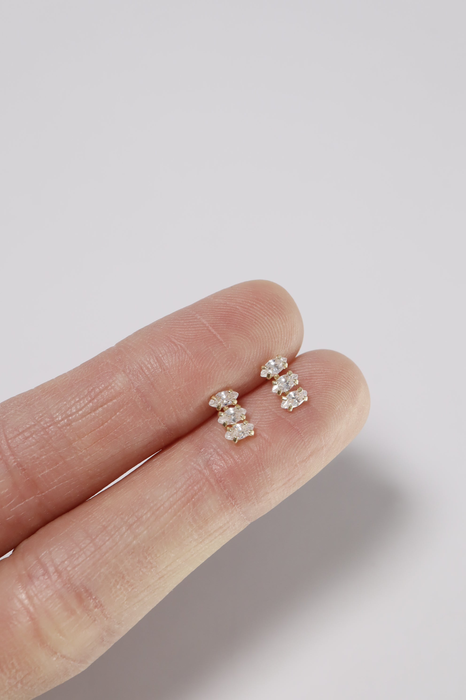 14K Solid Gold 3 CZ Stones Screw Back Stud Earring - Pretty At Sam