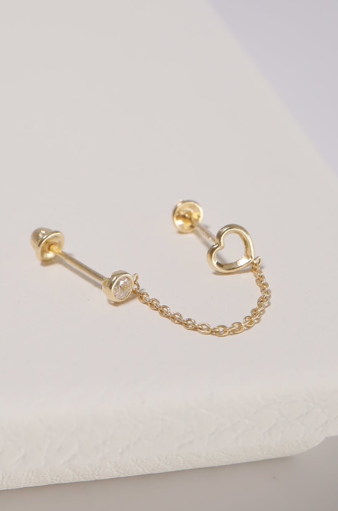 14K Solid Gold CZ Stud Heart 2 Chain Screw Back Stud Earring - Pretty At Sam