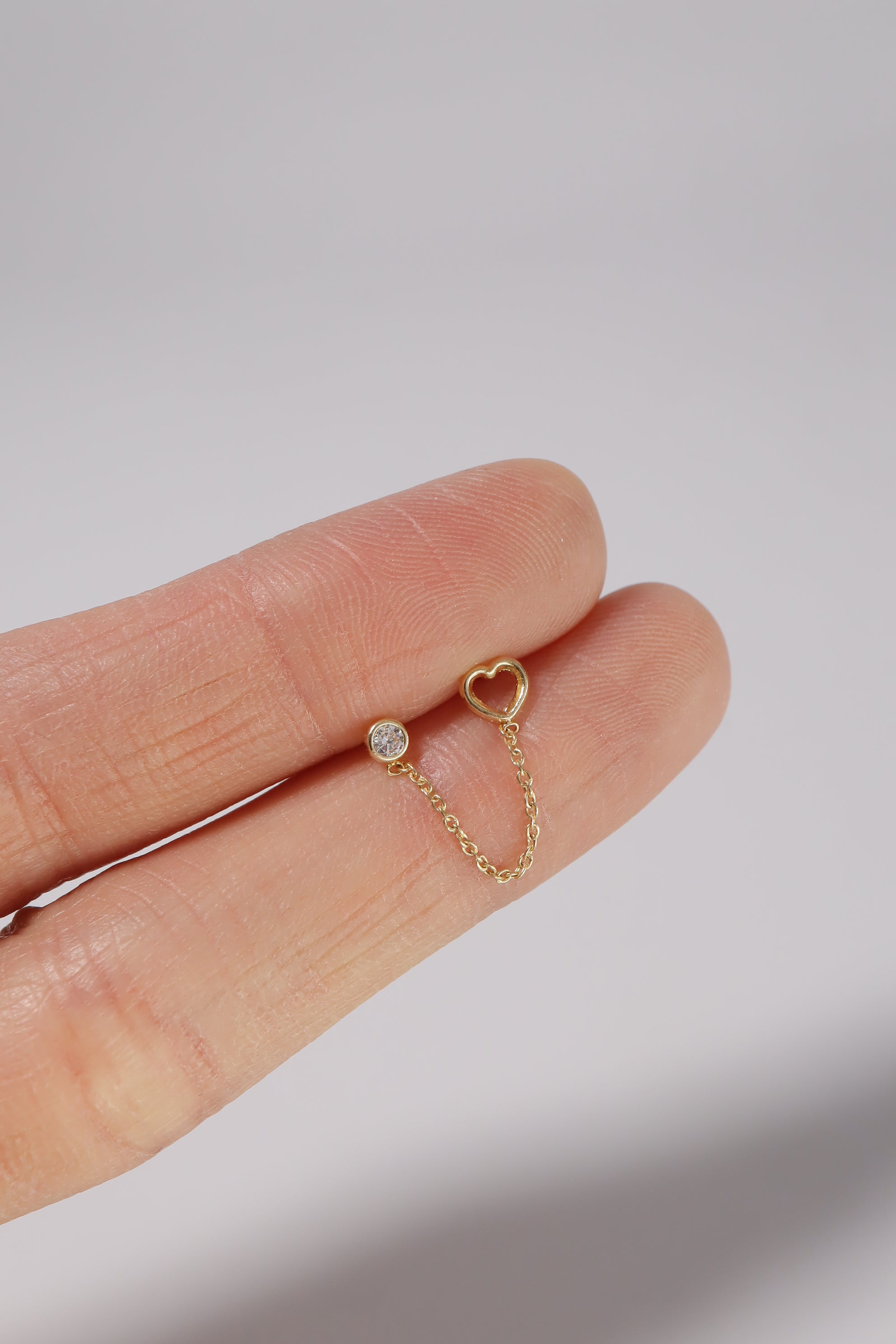 14K Solid Gold CZ Stud Heart 2 Chain Screw Back Stud Earring - Pretty At Sam