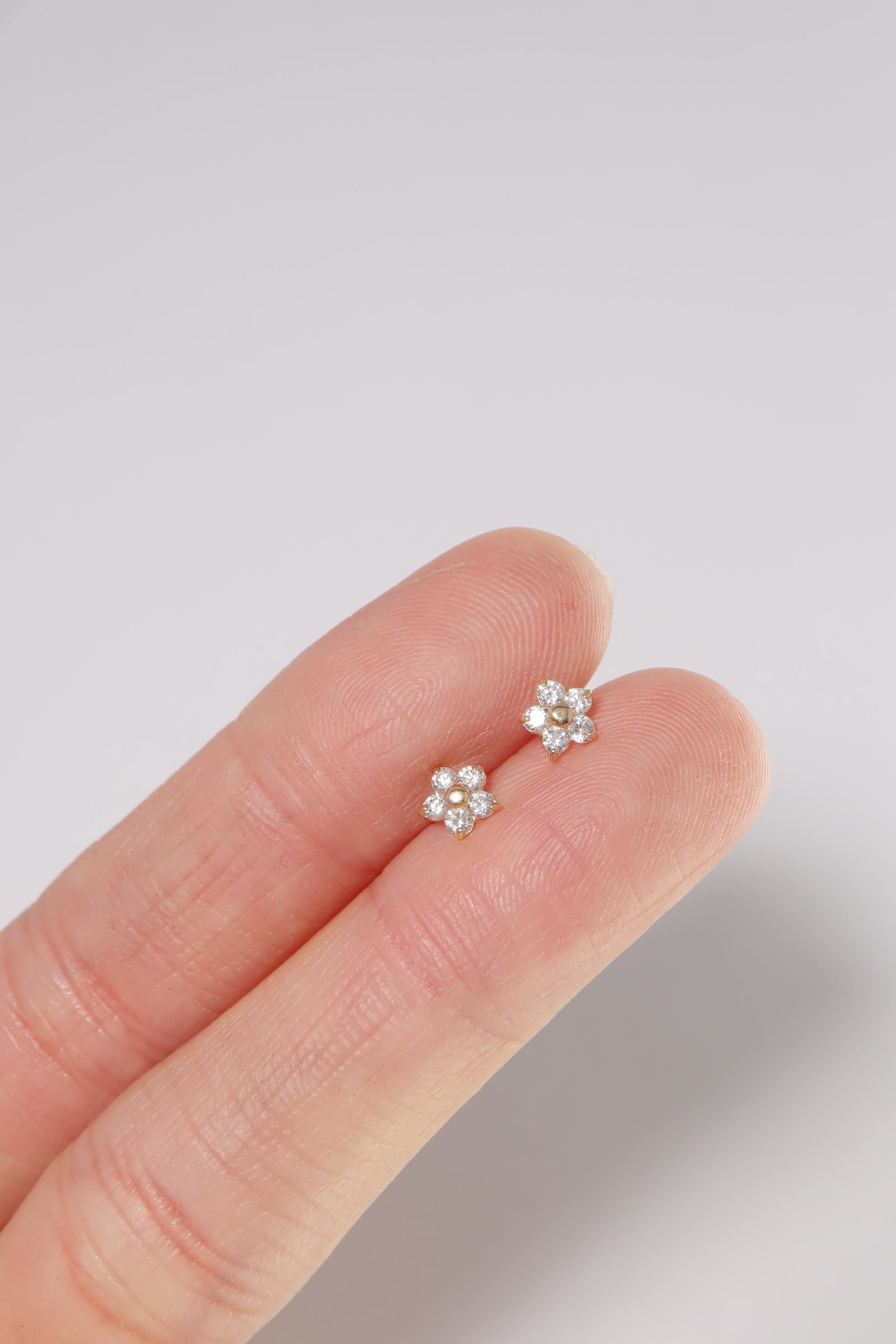 14K Solid Gold CZ Flower Screw Back Stud Earring - Pretty At Sam