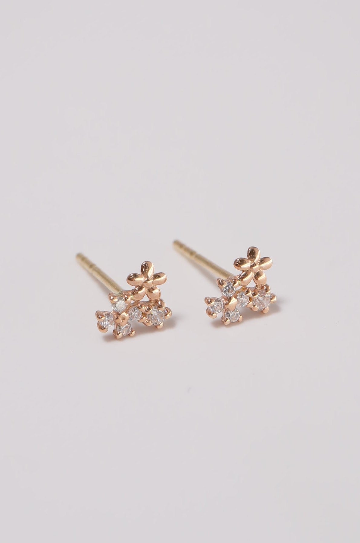 14K Solid Gold CZ 3 Flowers Stud Earring - Pretty At Sam