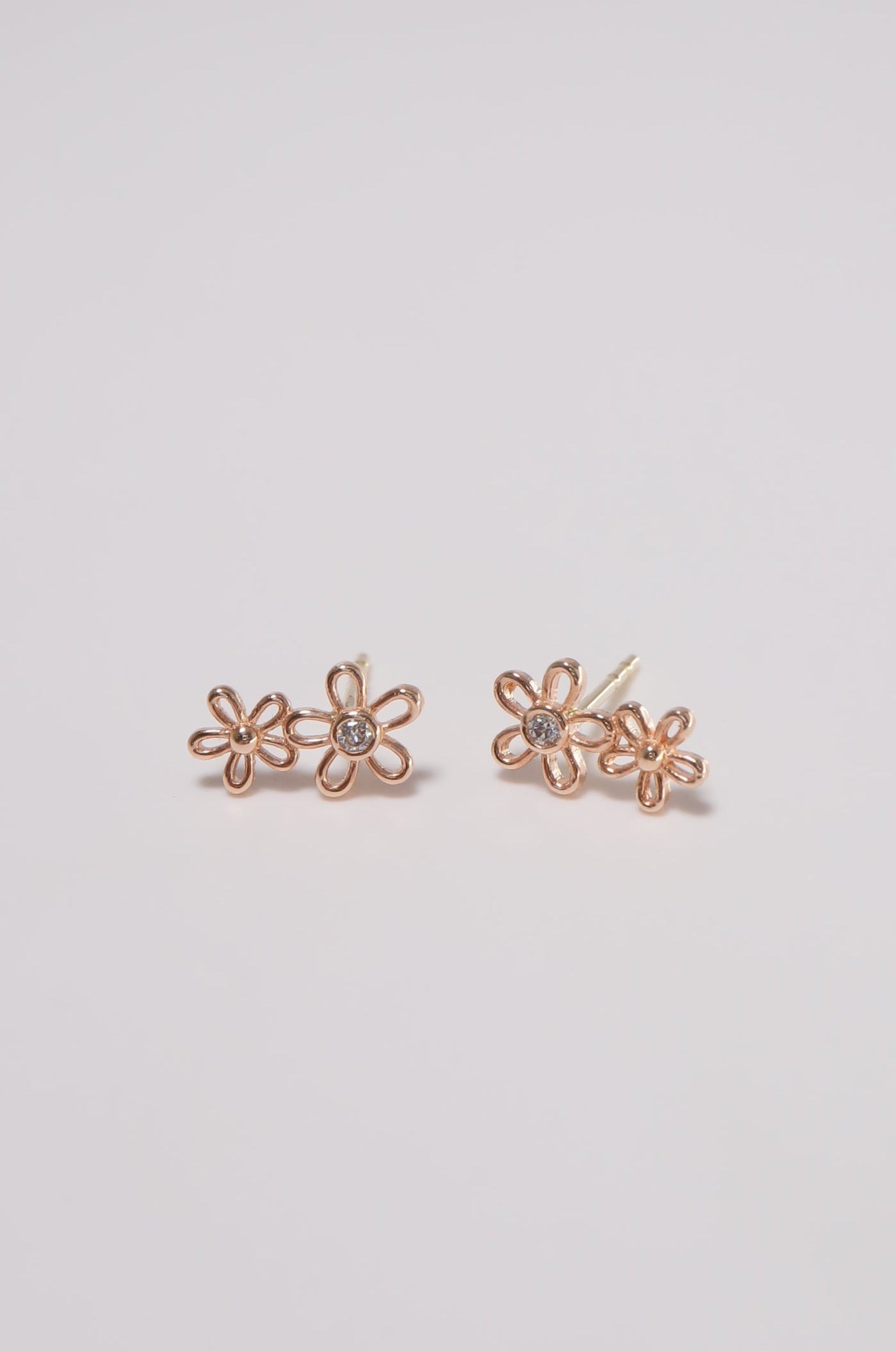 14K Solid Rose Gold 2 Flower Stud Earring - Pretty At Sam