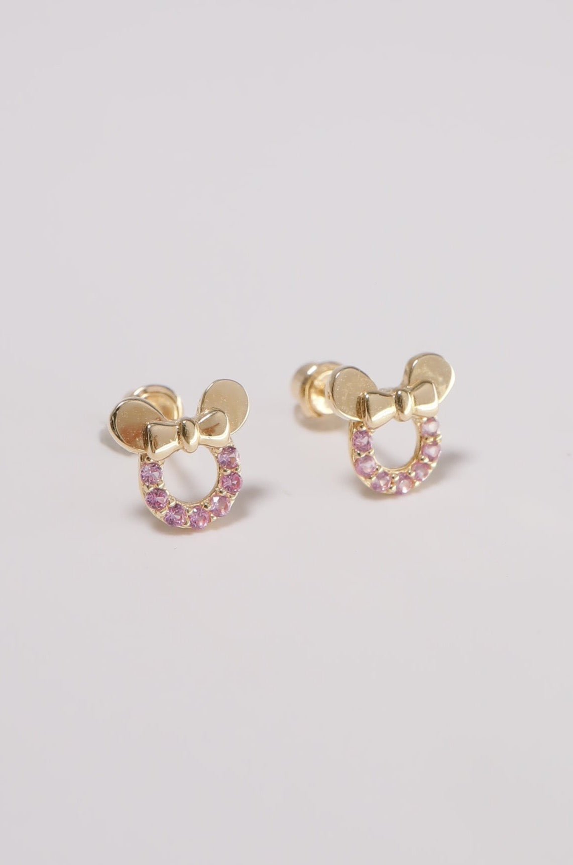 14K Gold Pink Stone Mouse Ribbon Screw Back Stud Piercing Earring - Pretty At Sam