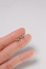 14K Gold Pink Stone Mouse Ribbon Screw Back Stud Piercing Earring - Pretty At Sam