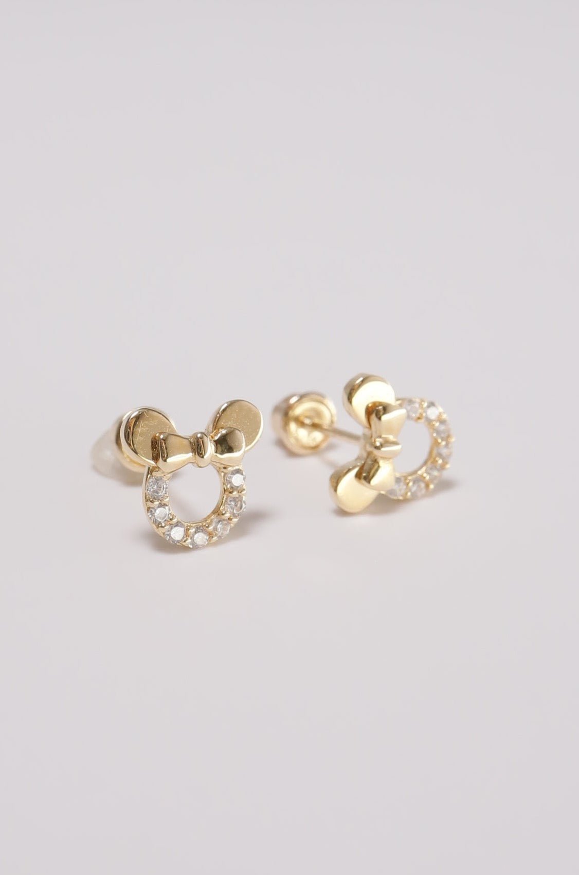 14K Solid Gold CZ Mouse Ribbon Screw Back Stud Earring - Pretty At Sam