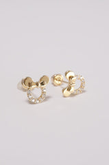 14K Solid Gold CZ Mouse Ribbon Screw Back Stud Earring - Pretty At Sam