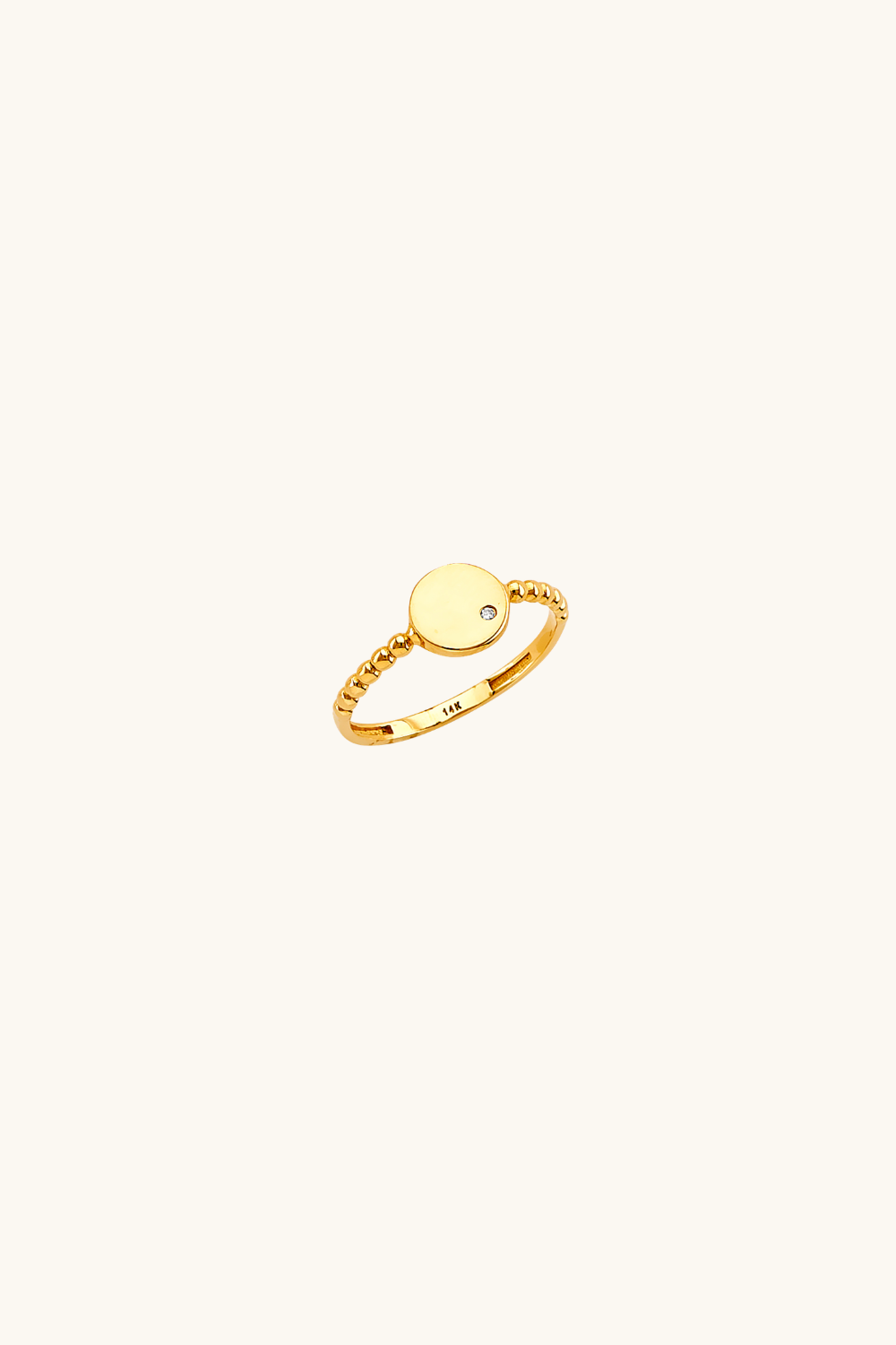 14K solid gold 7mm engravable disc ring with diamond accent and 1.5mm ball chain band