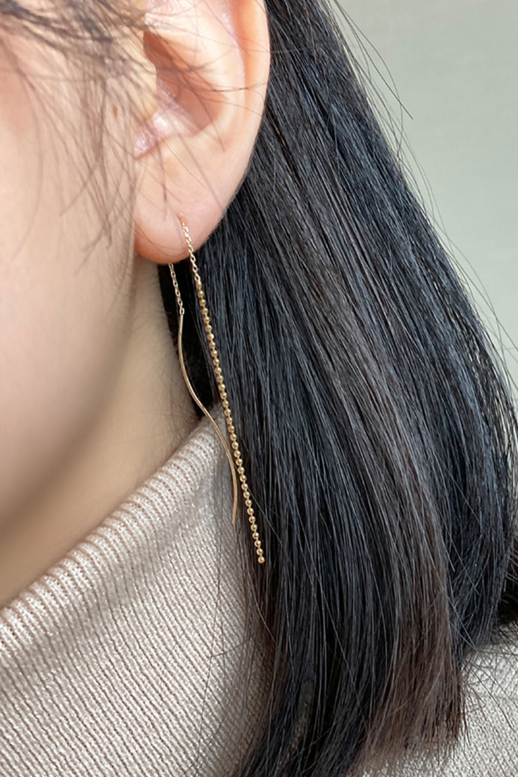 14k Solid Gold Beads Chain Wavy Threader Drop Earring - Pretty At Sam