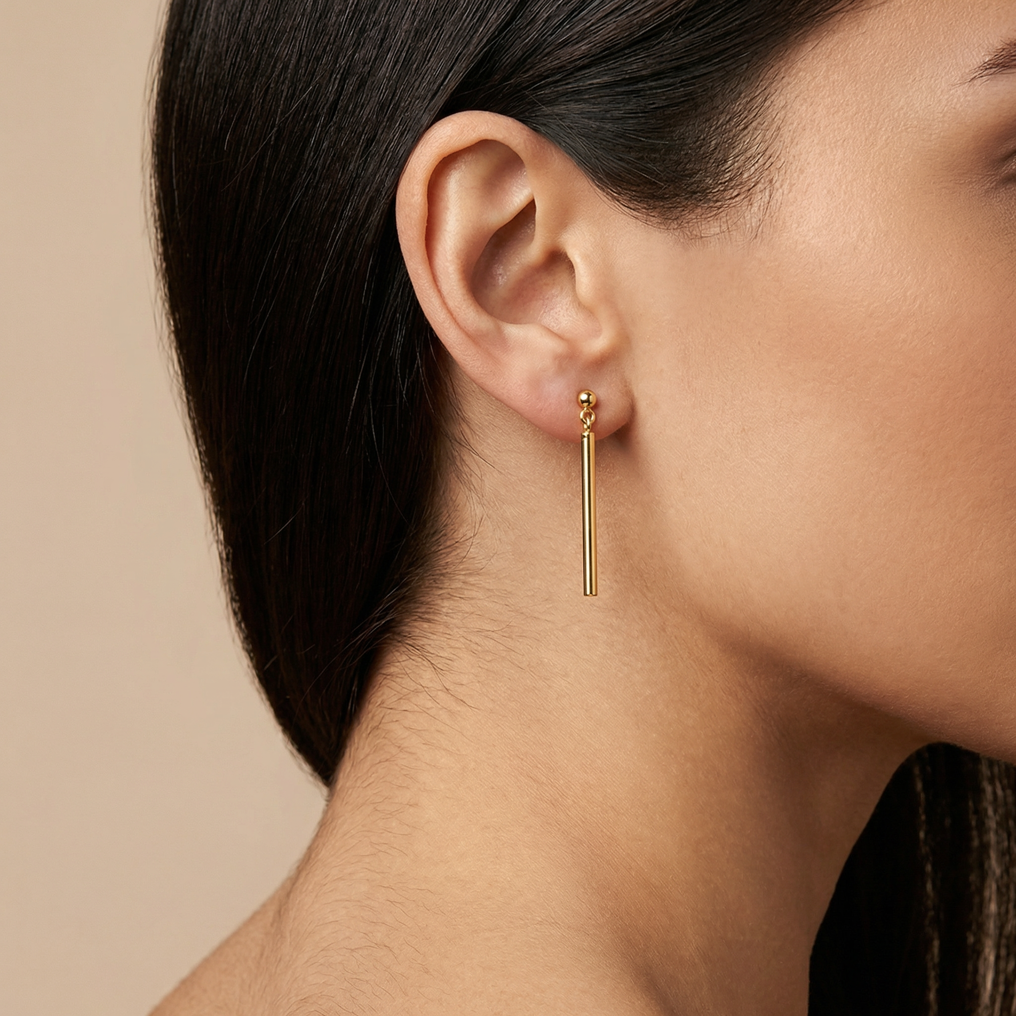 High polish 14k gold minimalist bar earrings 40mm length