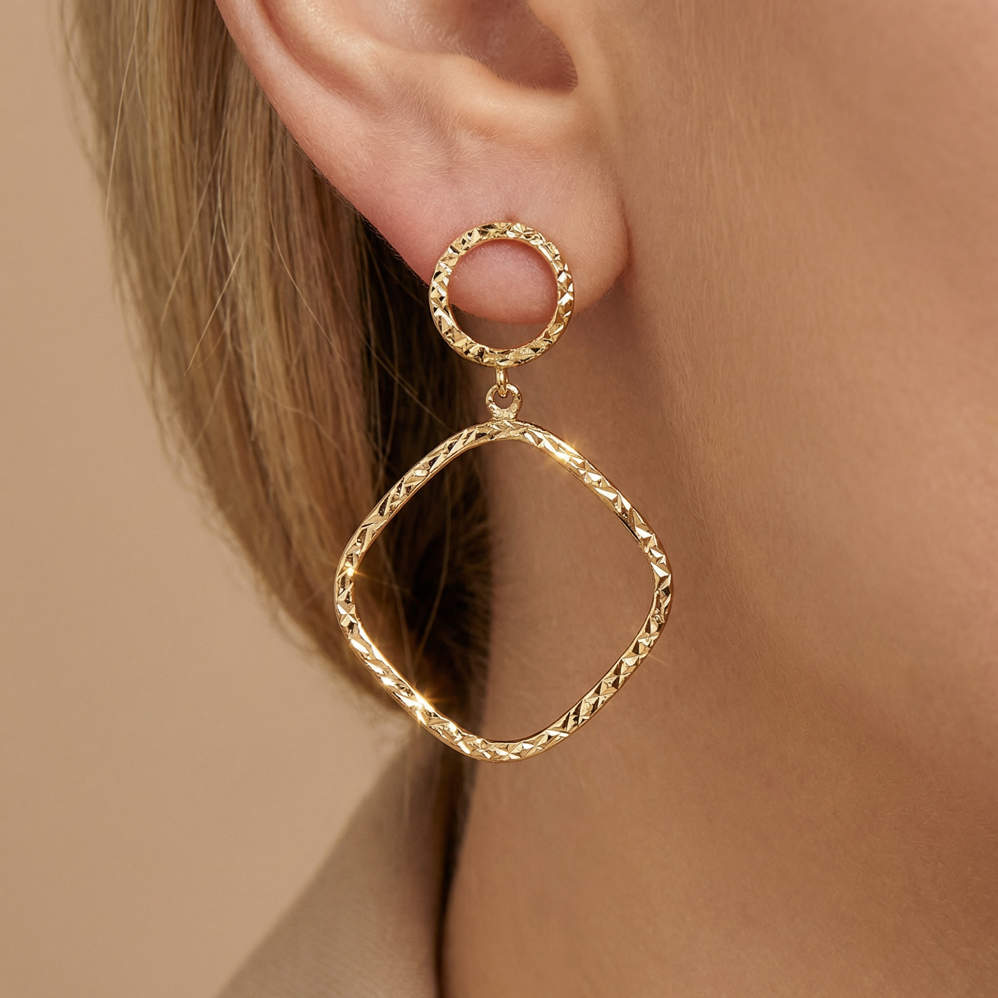 High polish 14k gold geometric earrings 28mm drop length