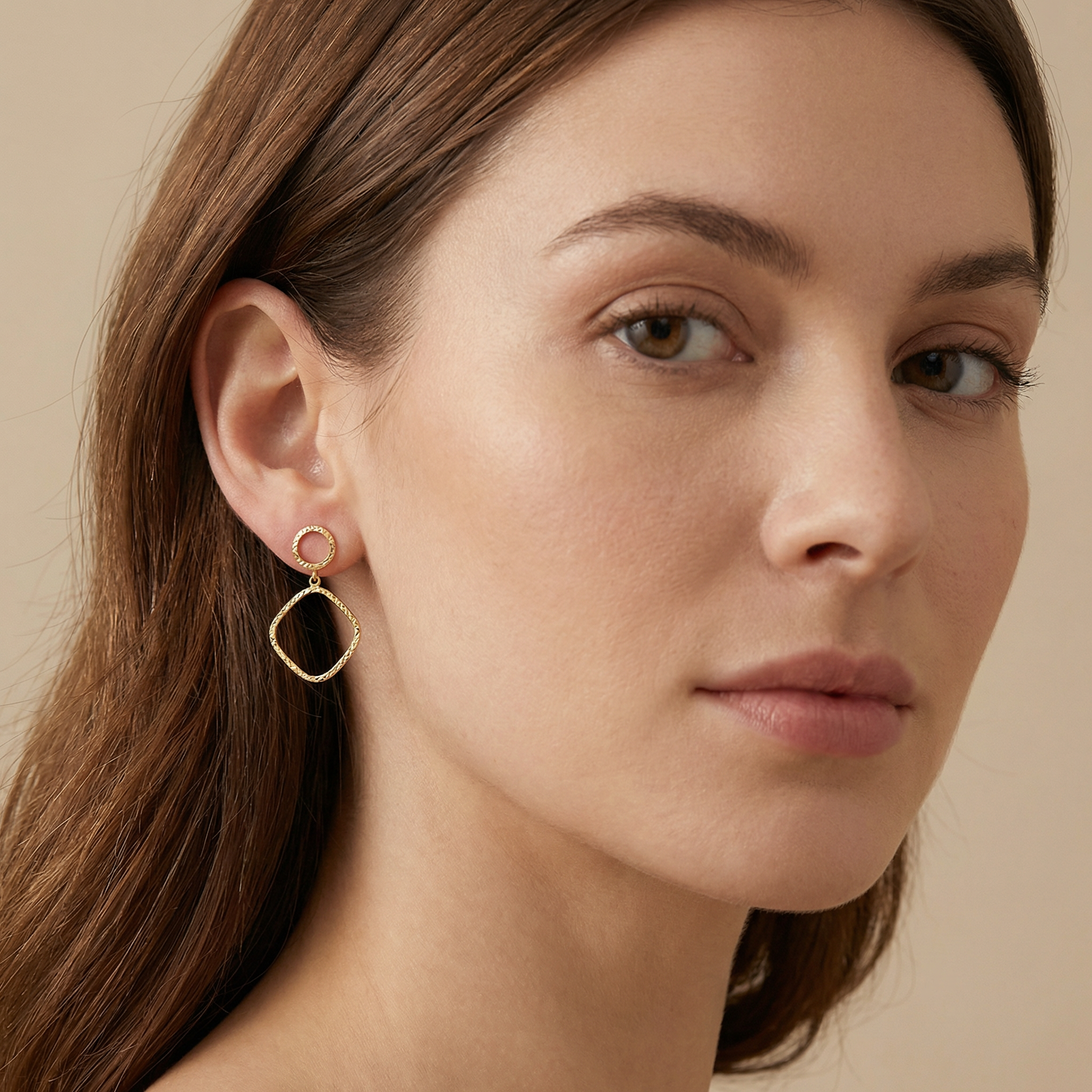 Textured open square dangle earrings with brilliant faceted finish