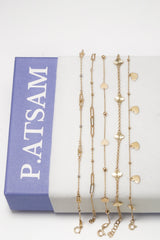 14K Solid Gold Multi Flat Heart Charm Ball Linked Bracelet