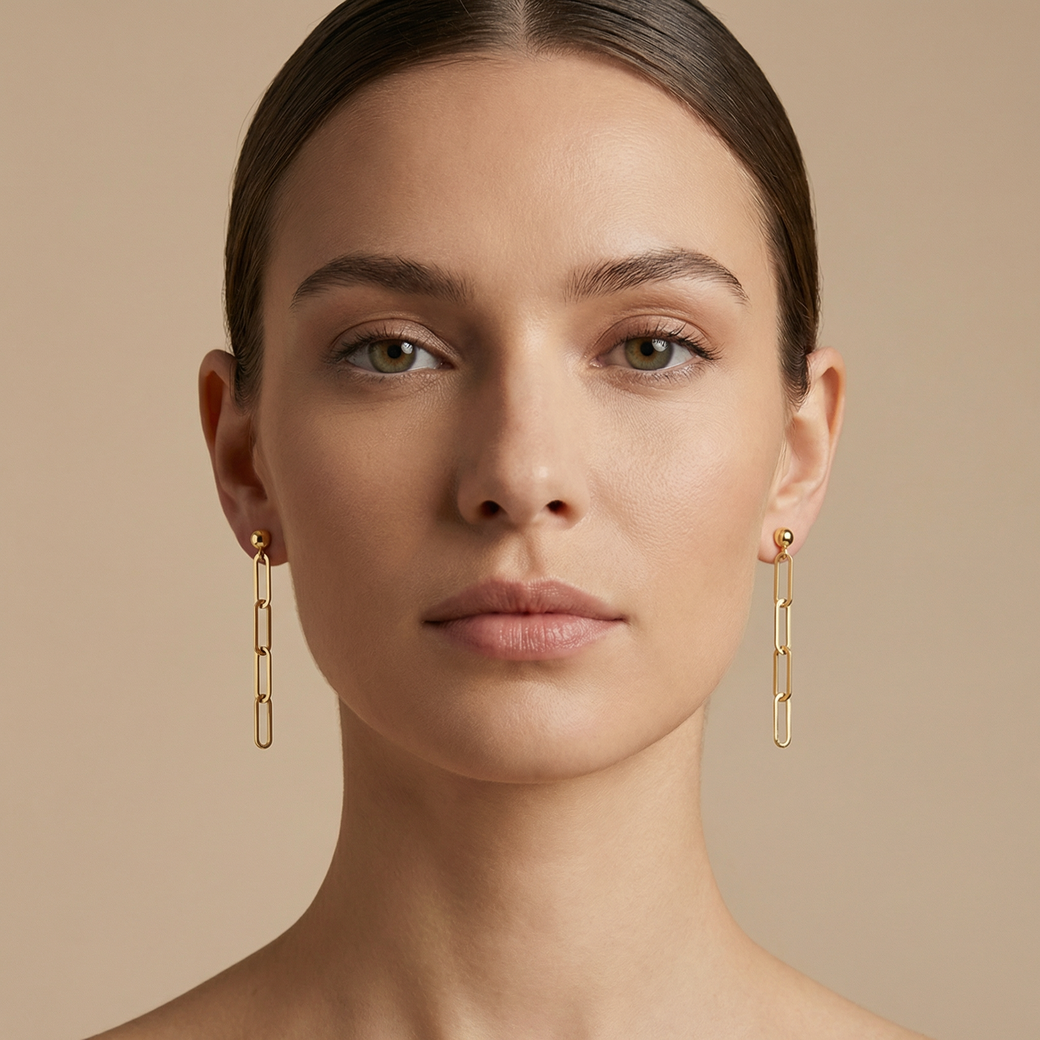 Modern vertical link dangle earrings in 14k yellow gold