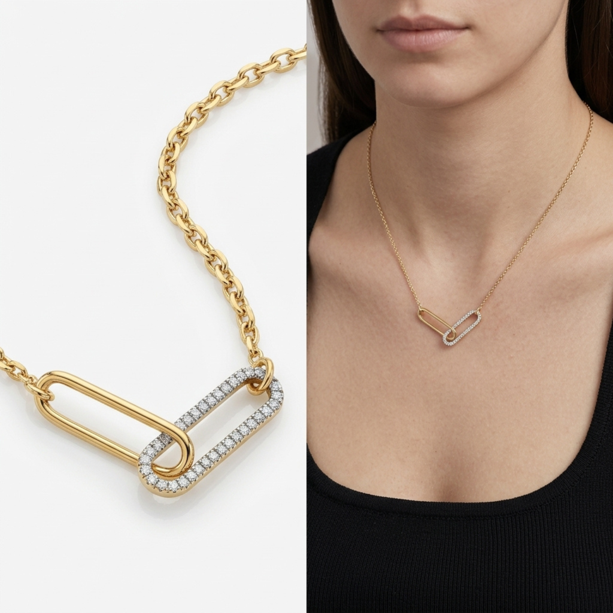 Close-up of pavé-style shimmering link and high-polish gold link pendant