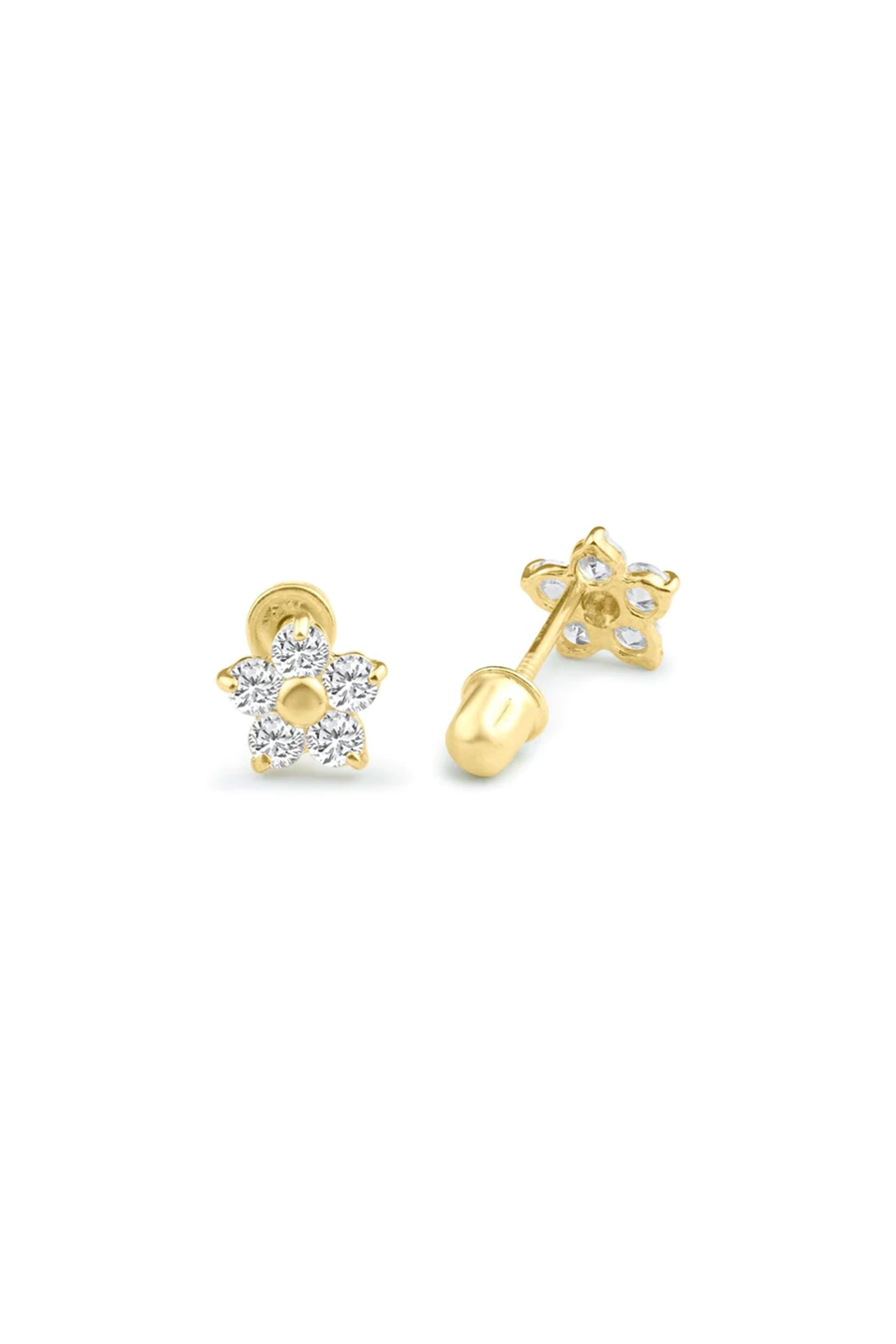 14K Solid Gold CZ Flower Screw Back Stud Earring - Pretty At Sam