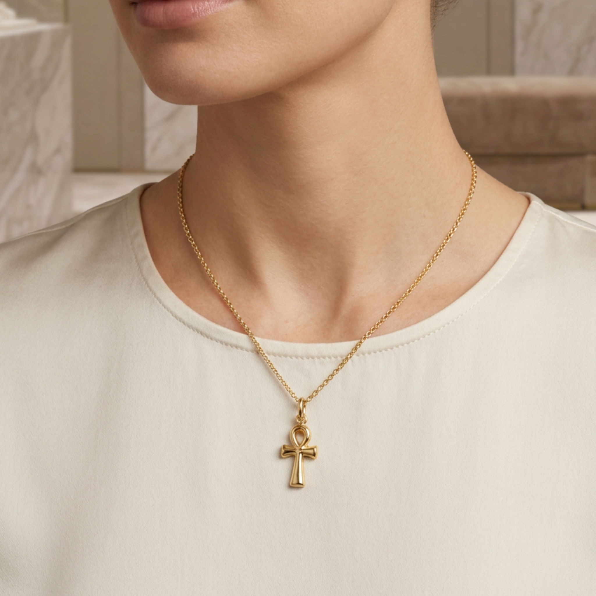 Dainty 14k yellow gold Ankh necklace charm with rounded bail