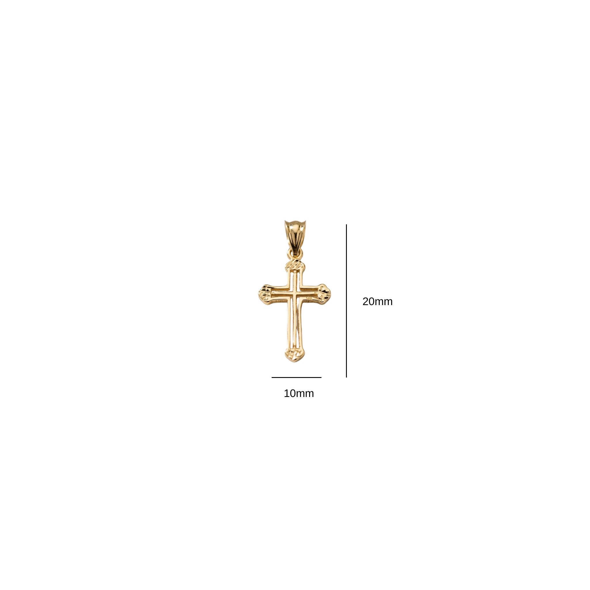 Close up of 20mm x 10mm solid 14k gold cross with open-work design